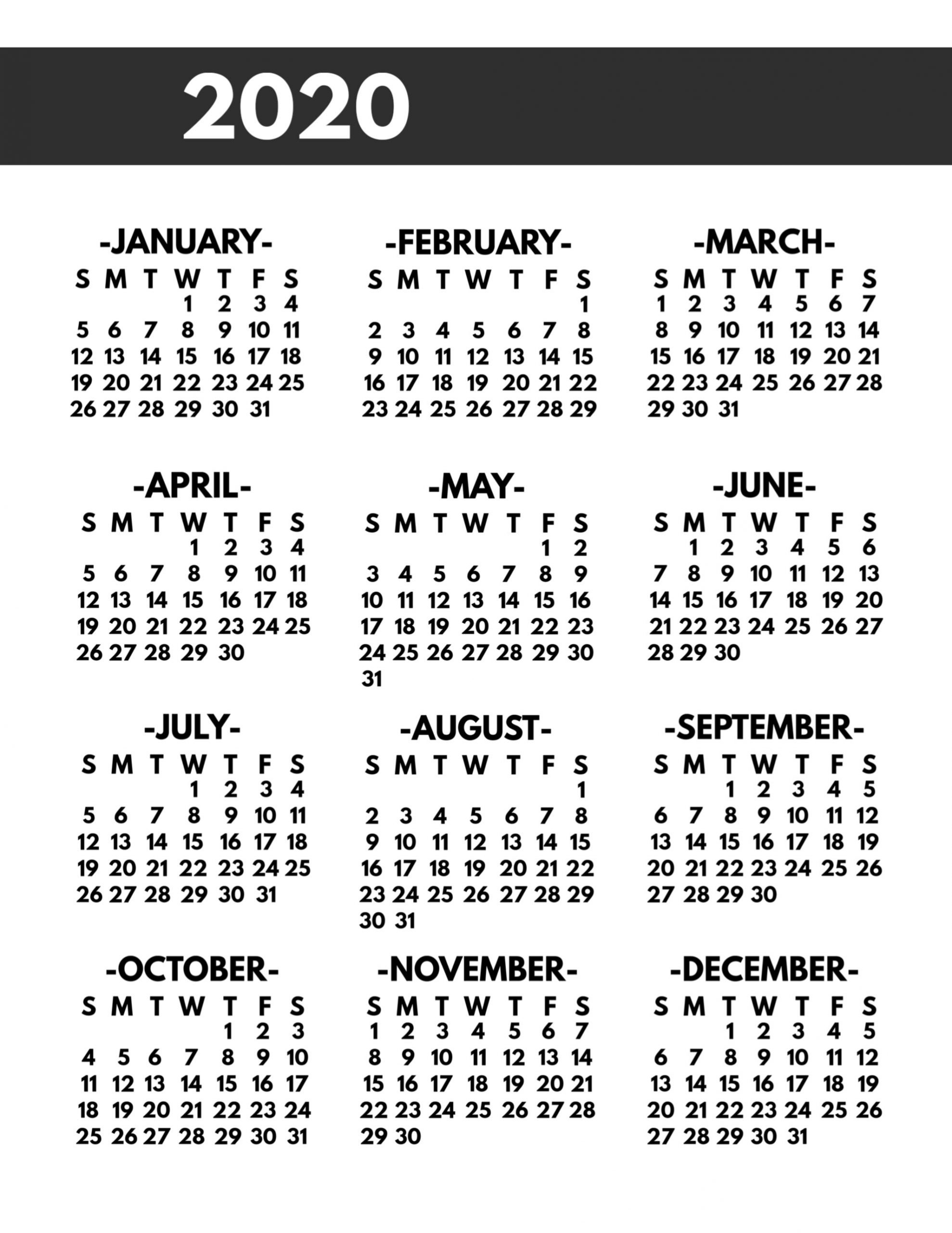 2020 Printable One Page Year At A Glance Calendar - Paper