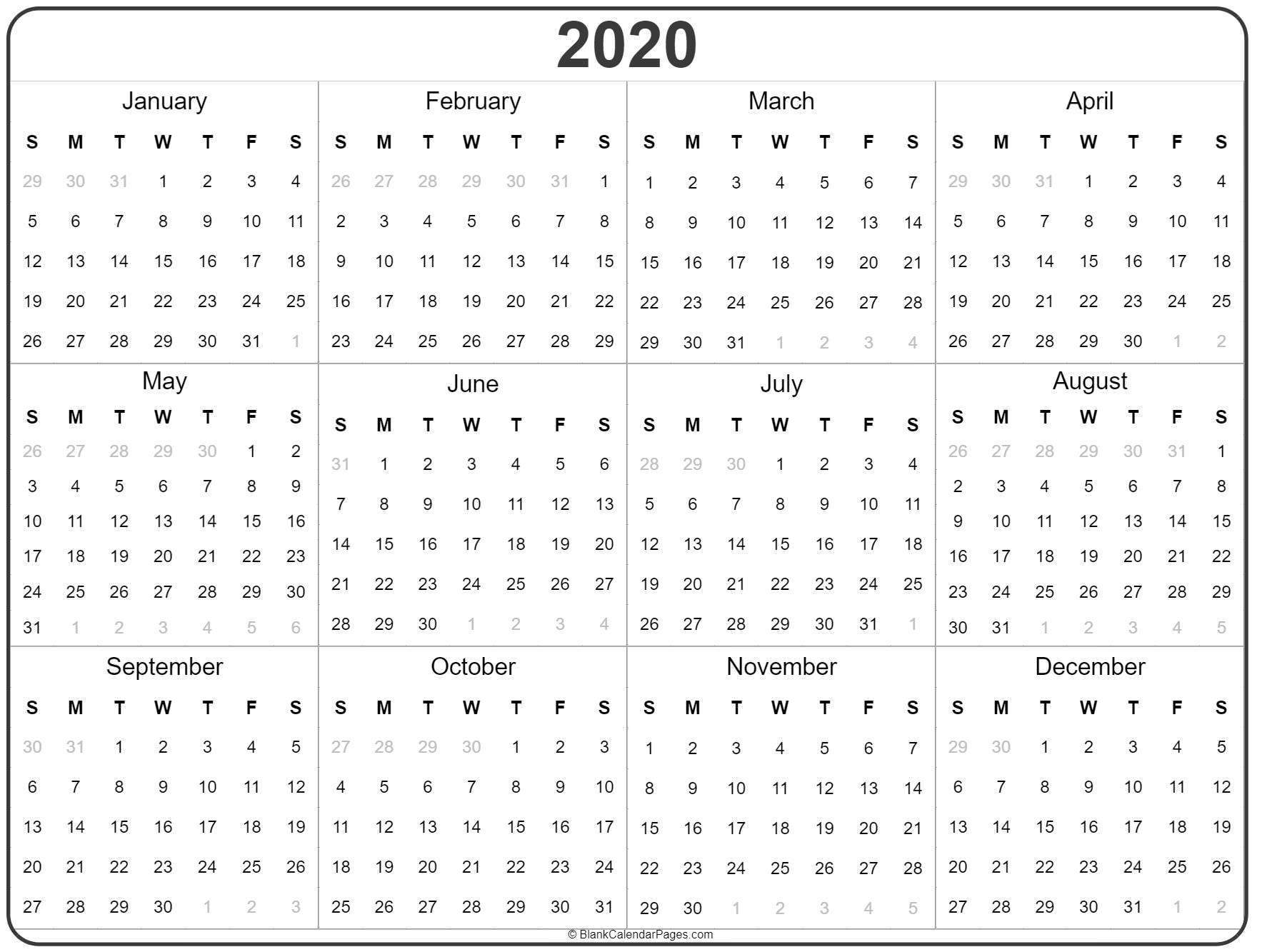 2020 Printable Yearly Calendar - Togo.wpart.co