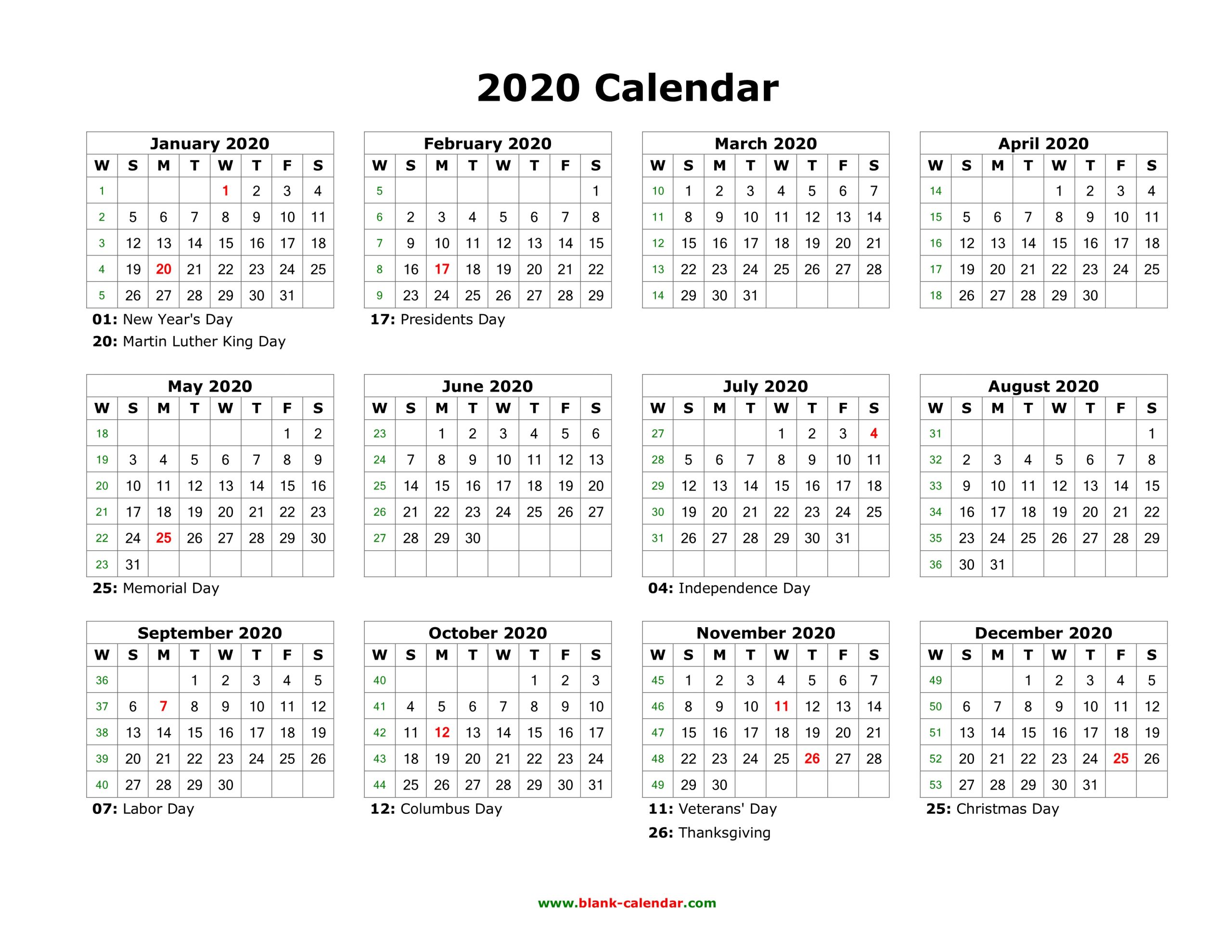 2020 Printable Yearly Calendar With Holidays - Togo.wpart.co