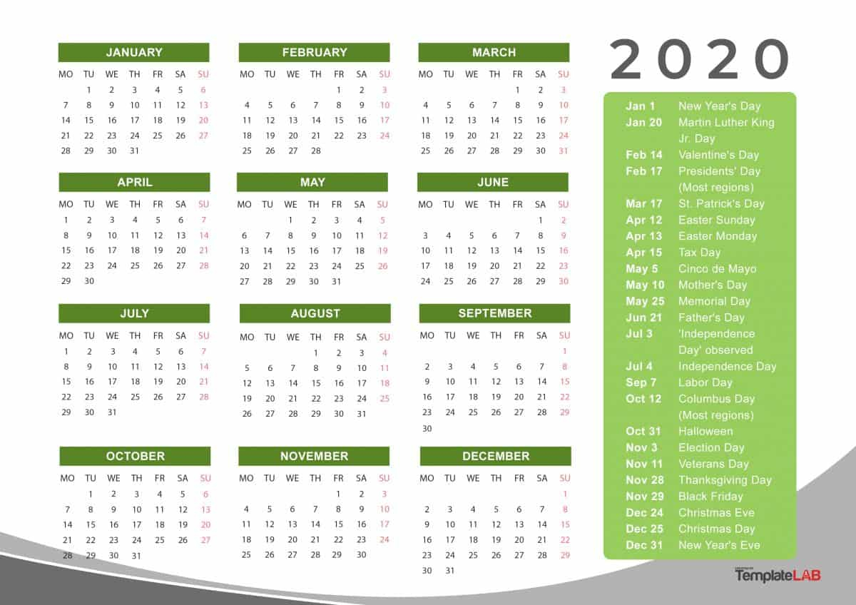 2020 Printable Yearly Calendar With Holidays - Togo.wpart.co