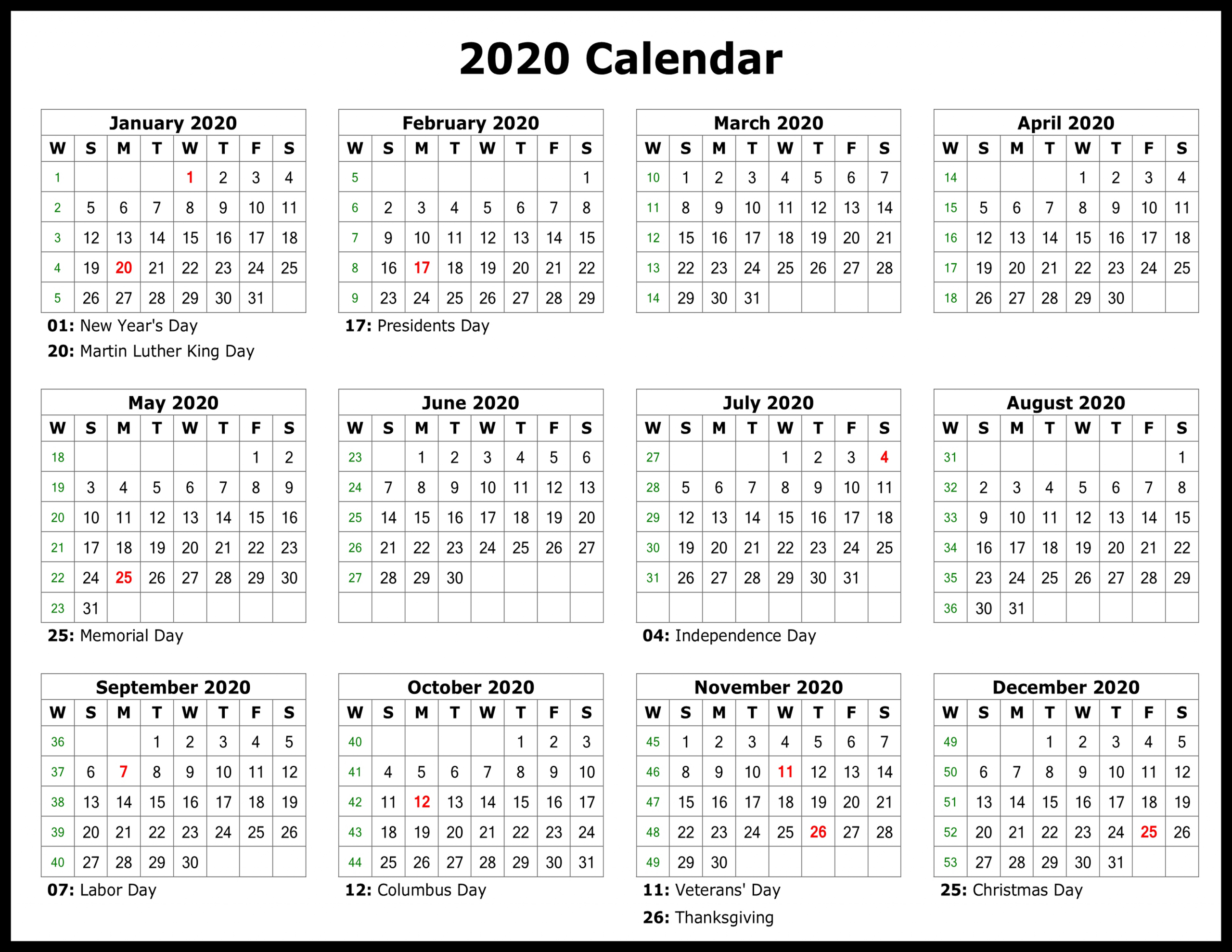 Take Printable 2020 Yearly Calendar With Boxes