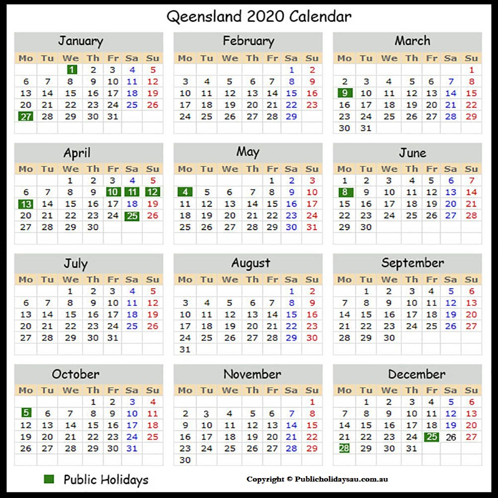 2020 Public Holidays Qld