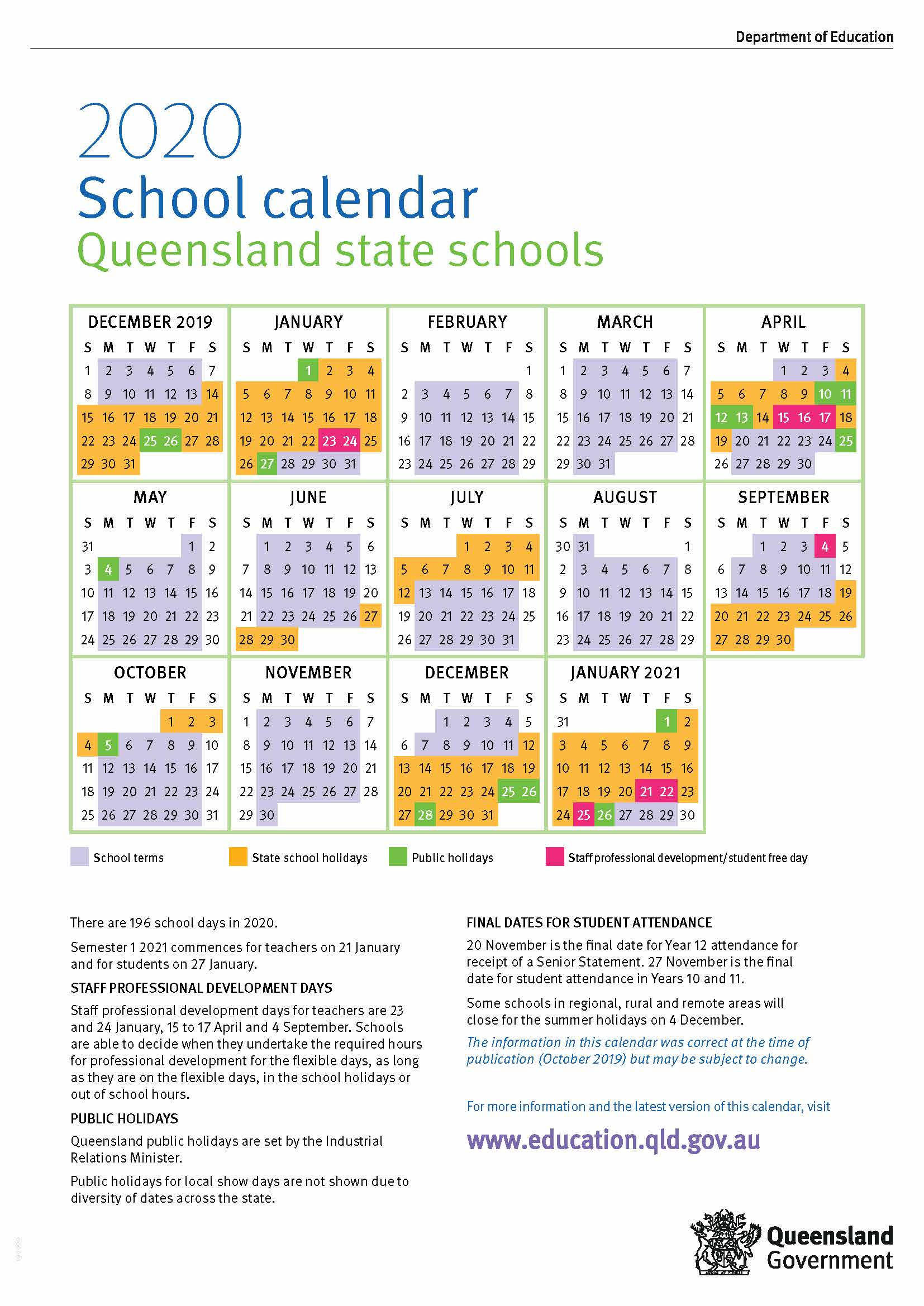 2020 Queensland State School Calendar