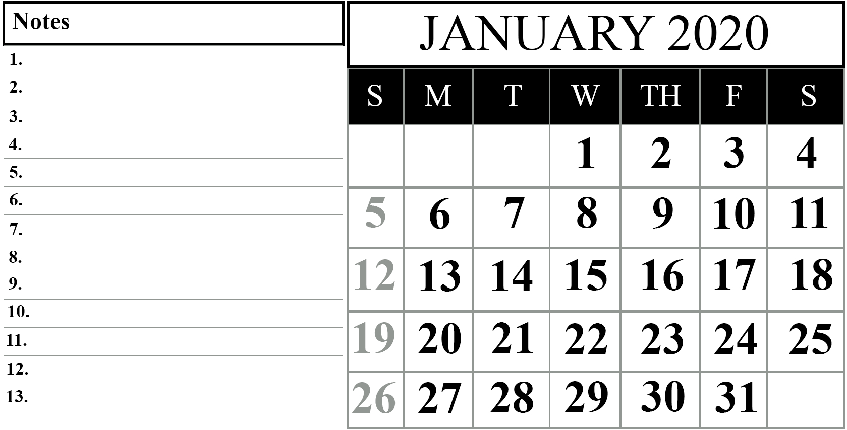 21+Free Blank Calendar January 2020 Printable Fillable
