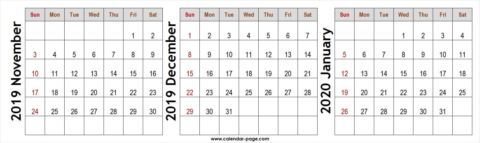 3 Month Calendar November December 2019 January 2020 To