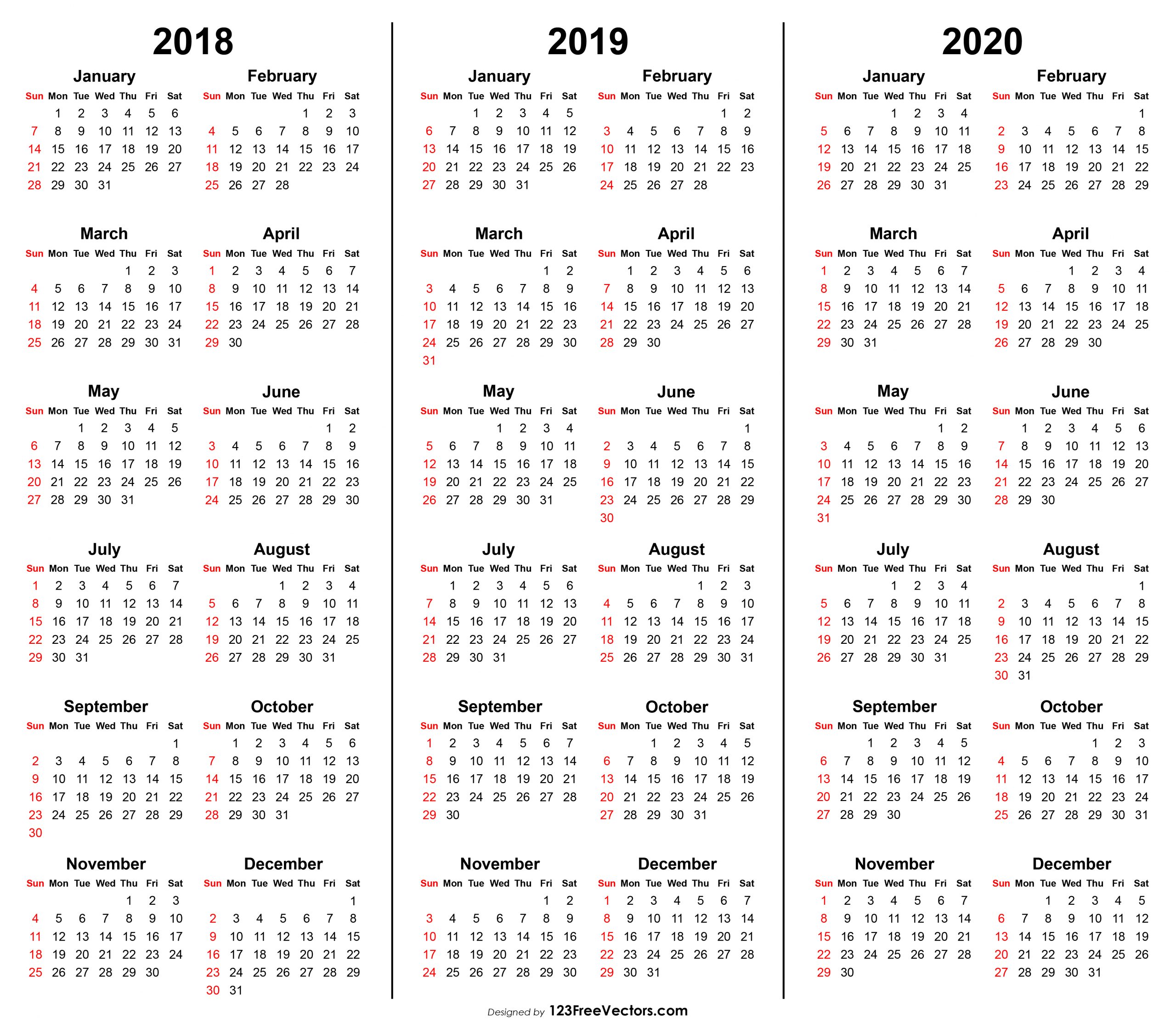 3 Year Calendar 2018 2019 2020 Printable