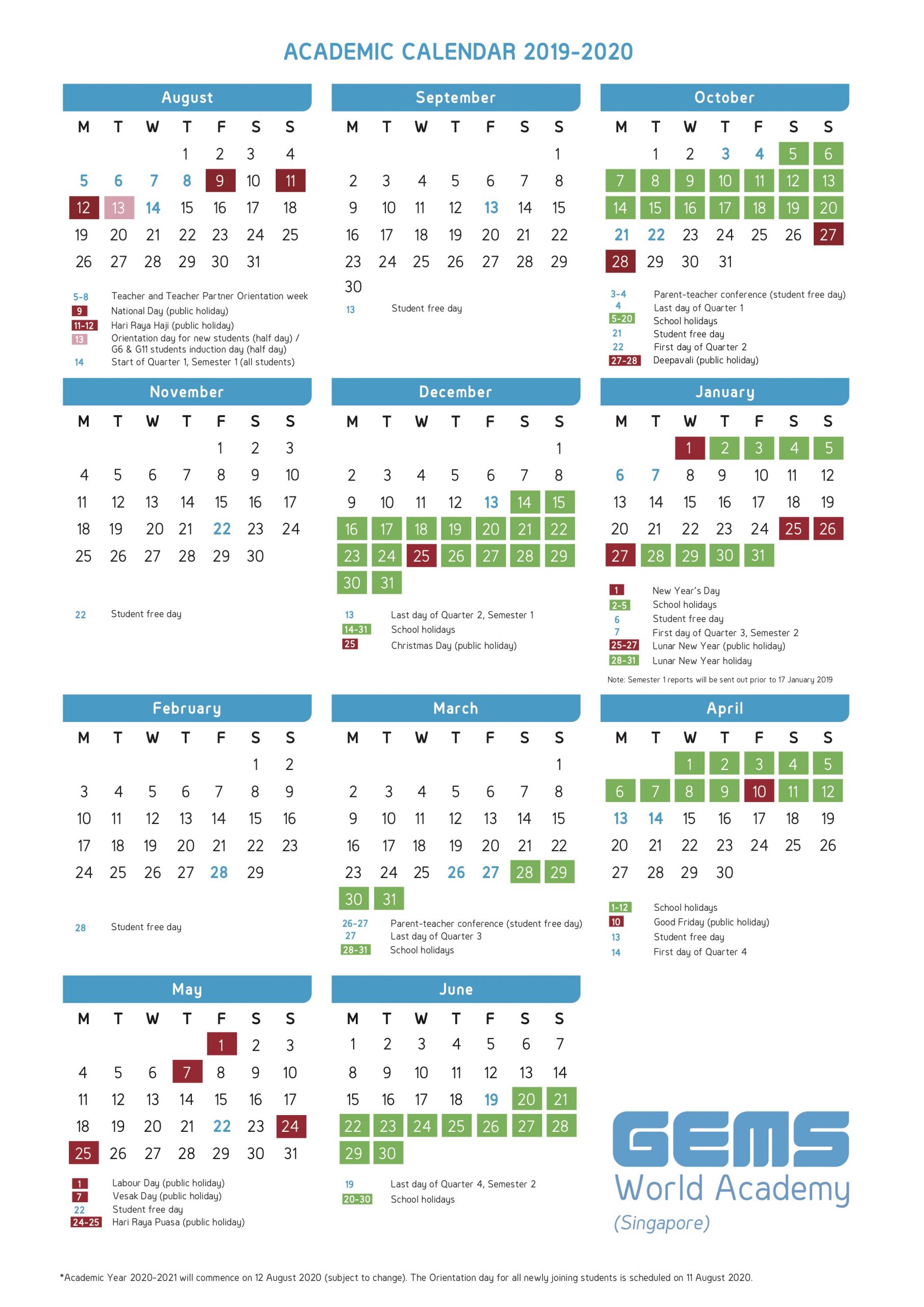 Academic Calendar | Gems World Academy (Singapore)