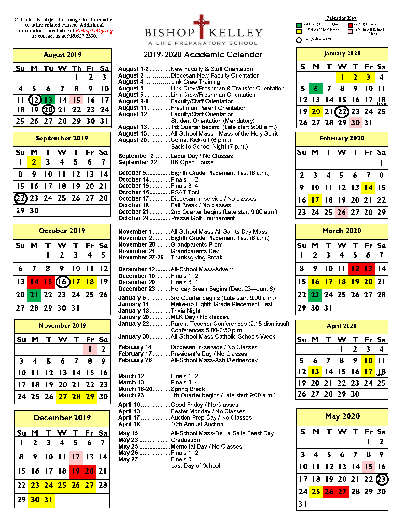 Academic Calendars | Bishop Kelley