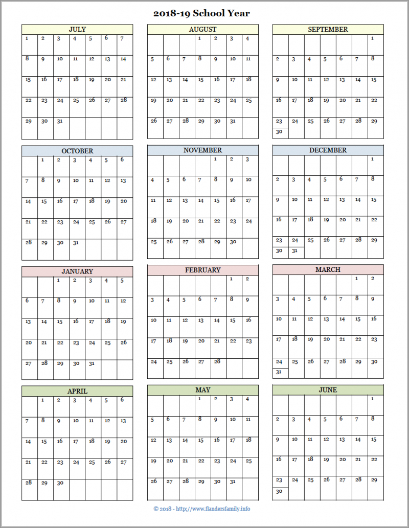 Academic Calendars For 2018-19 School Year (Free Printable