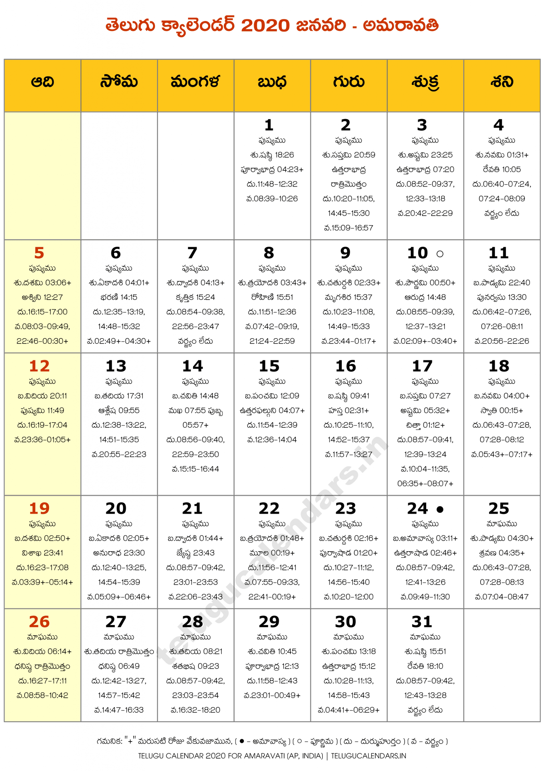 Amaravati 2020 January Telugu Calendar | Telugu Calendars