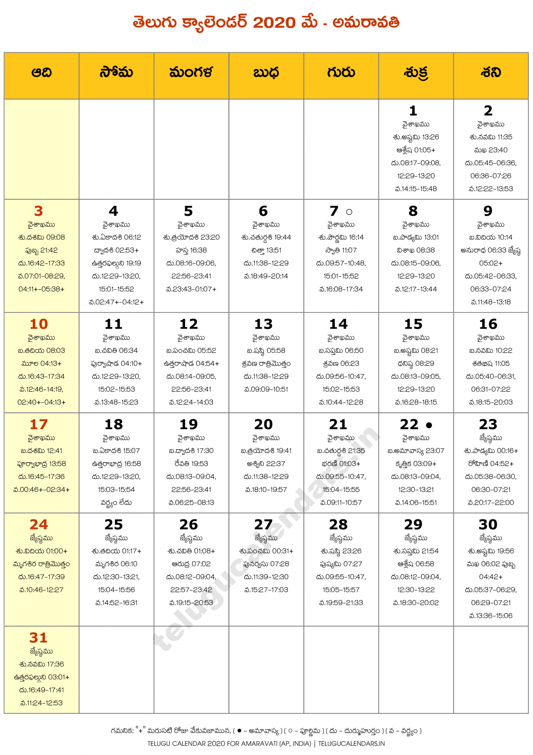 Amaravati 2020 May Telugu Calendar | Telugu Calendars