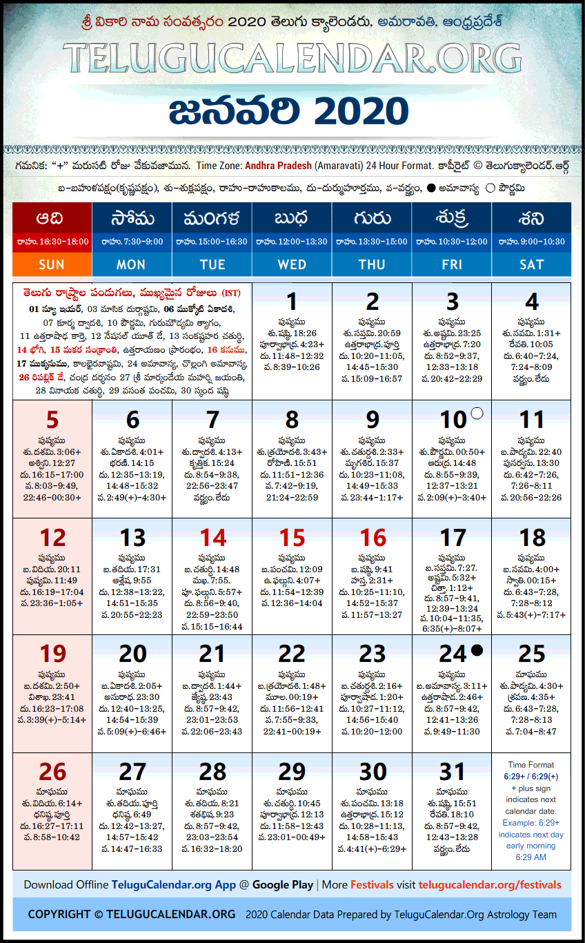 Andhra Pradesh | Telugu Calendars 2020 January Festivals Pdf