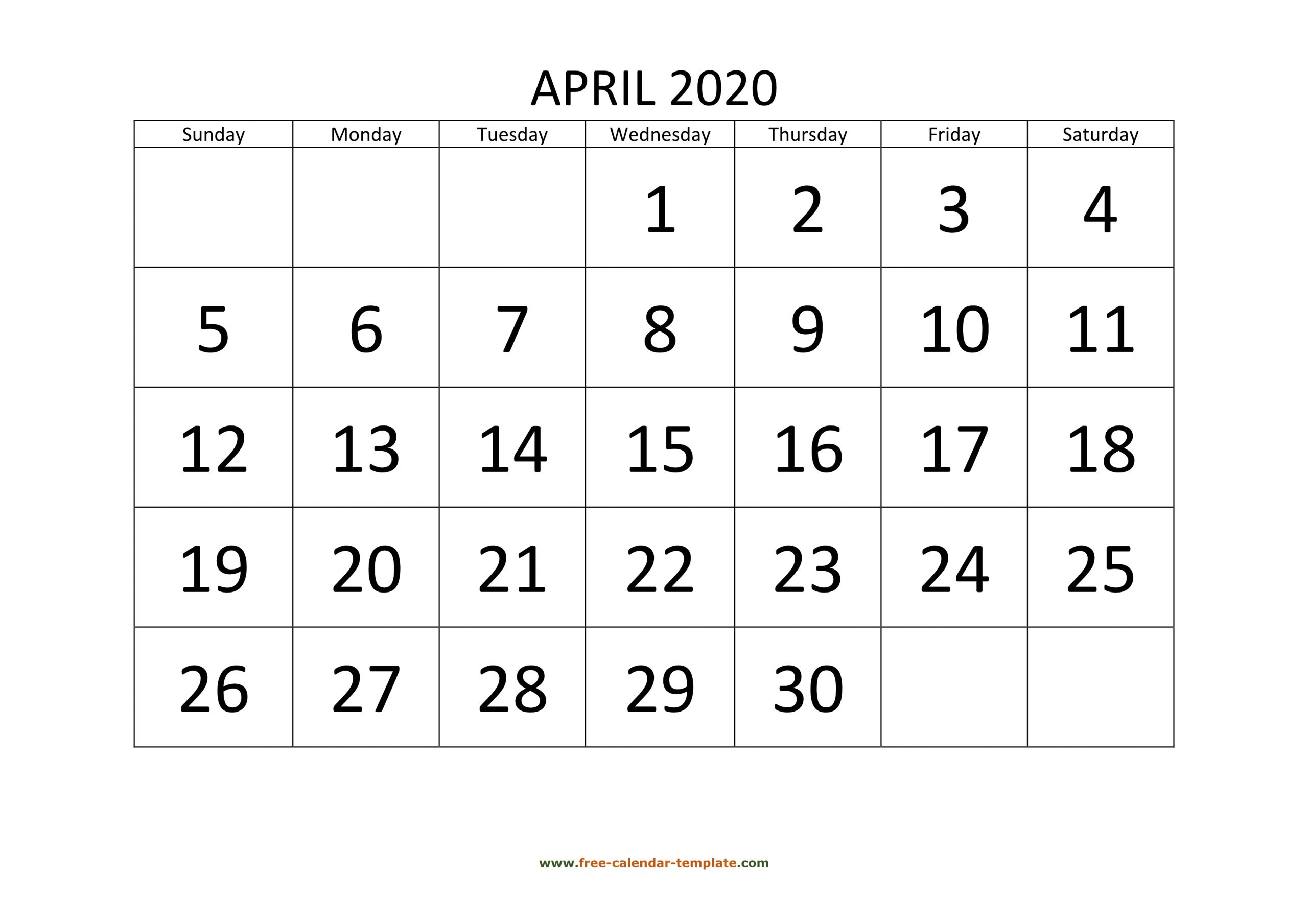April 2020 Calendar Designed With Large Font (Horizontal