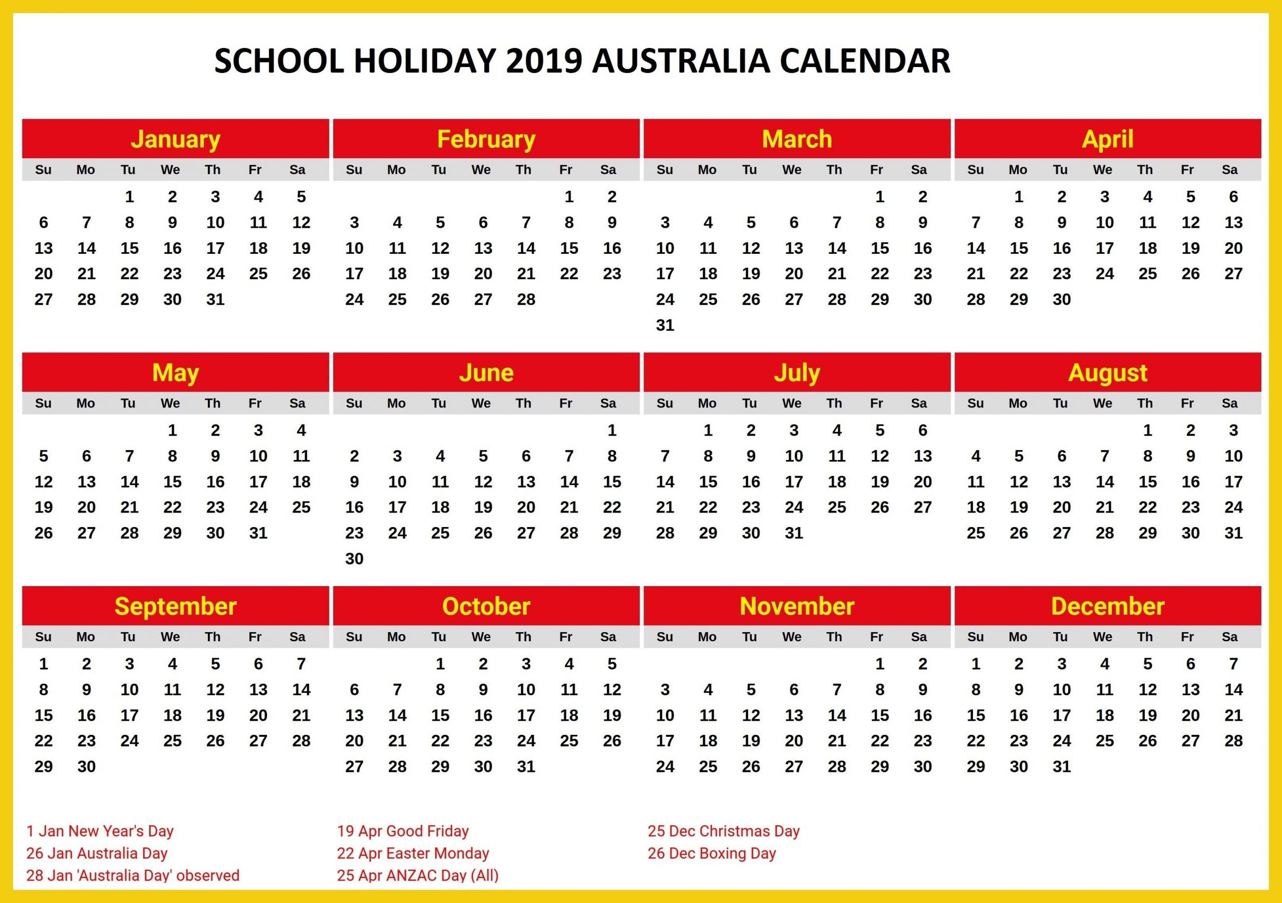 Australia 2019 School Holidays Printable Calendar | 2019