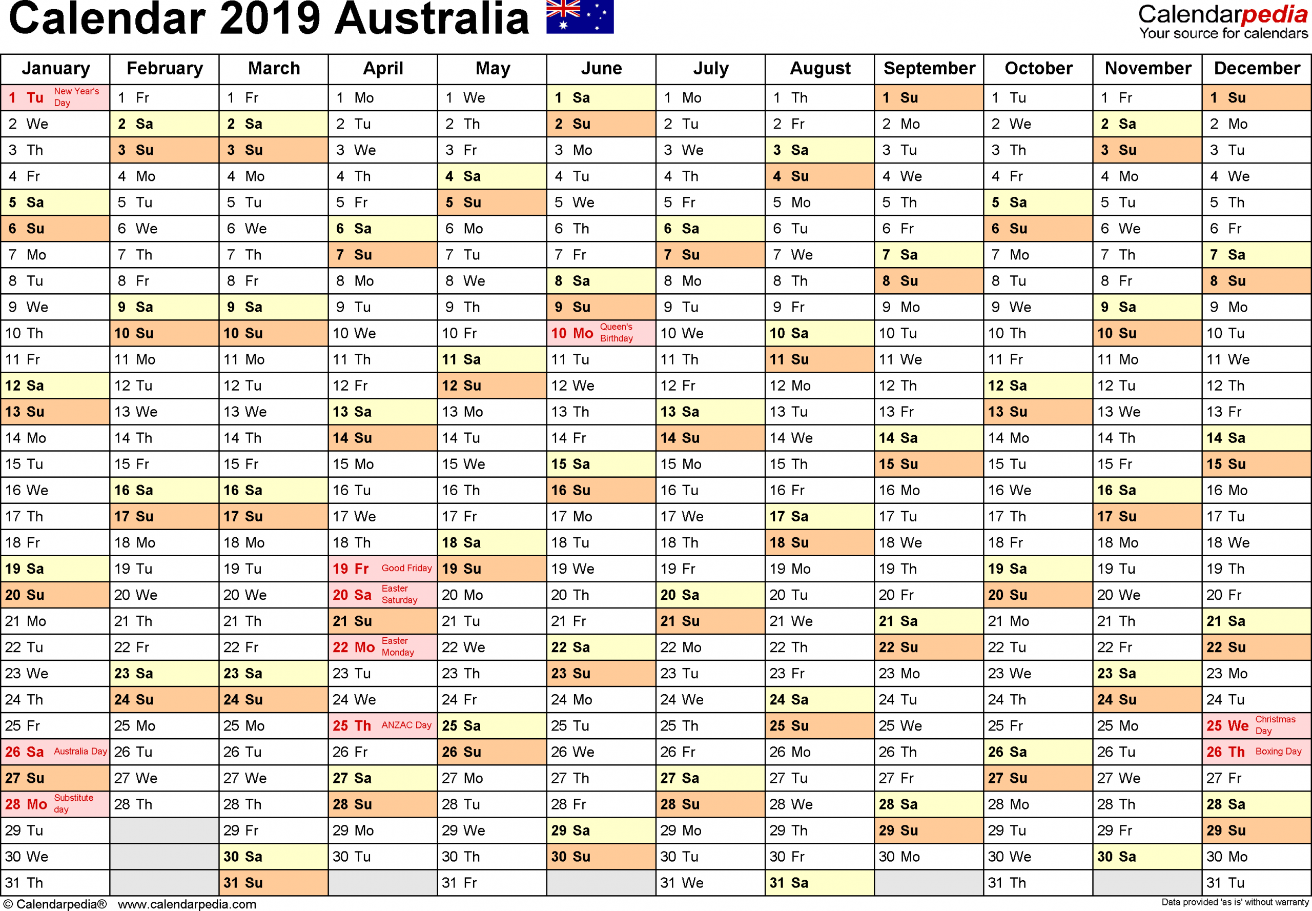 Australia Calendar 2019 - Free Printable Excel Templates