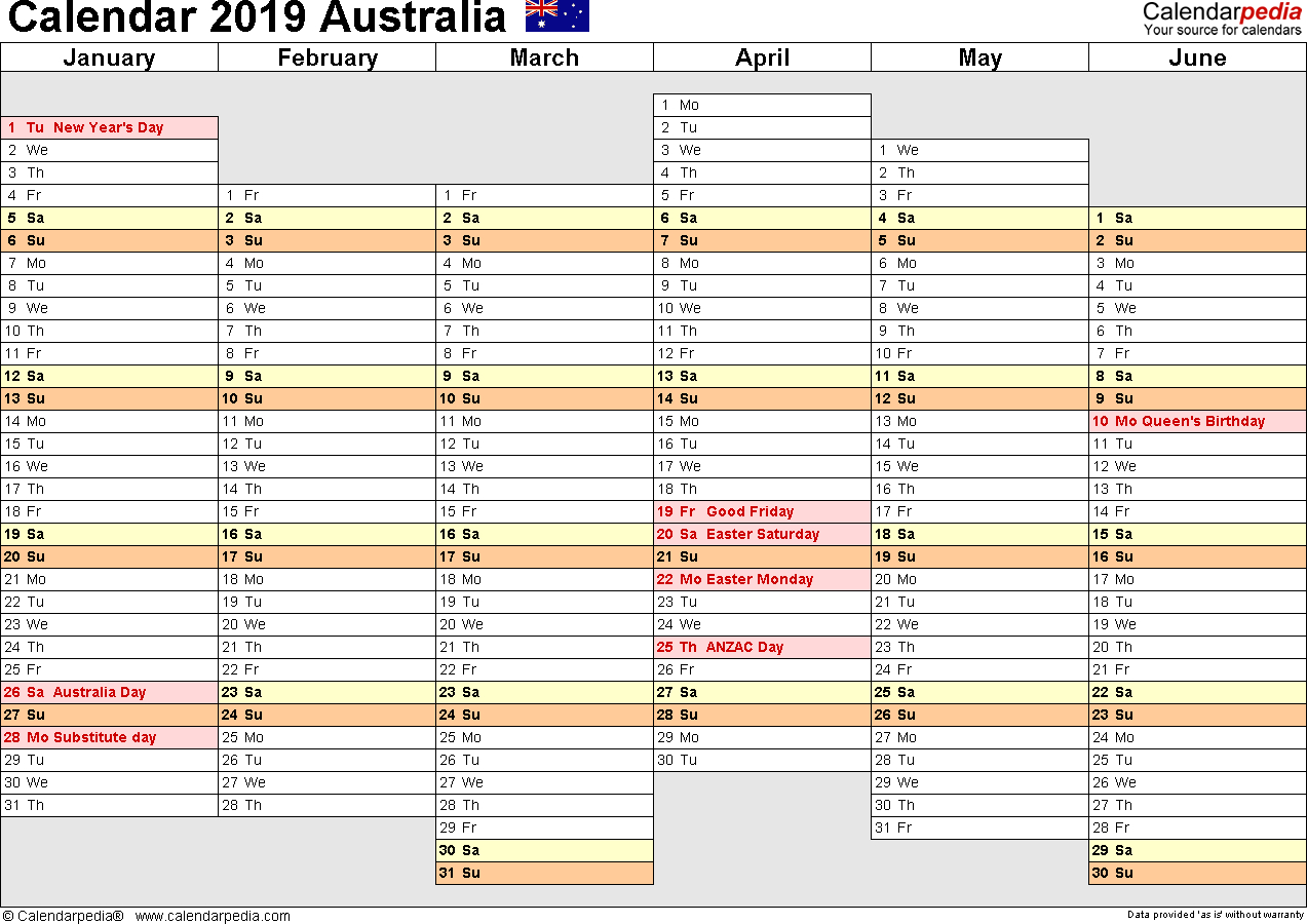 Australia Calendar 2019 - Free Printable Excel Templates