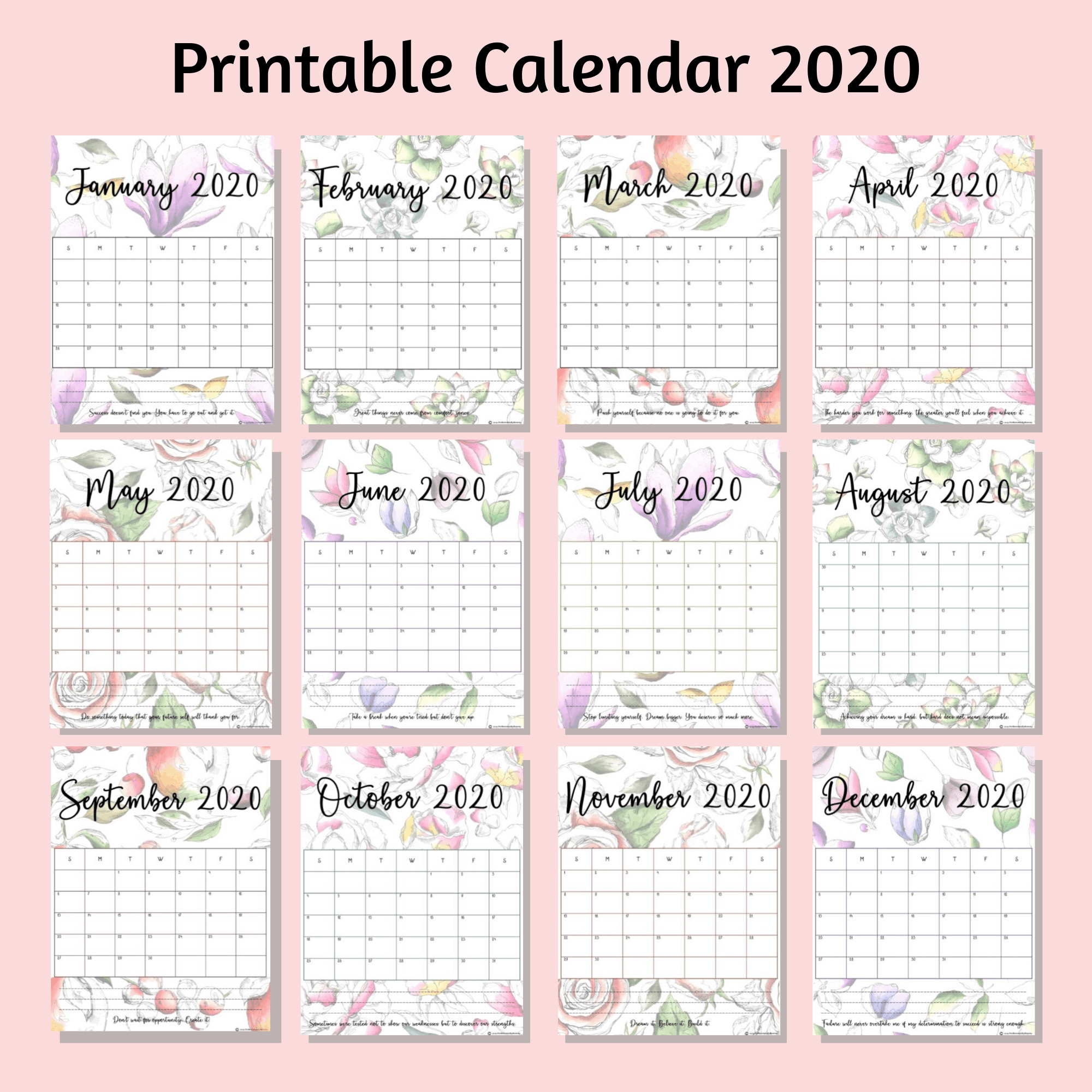 Beautiful Floral Free Printable Calendar 2020 - For Mommies