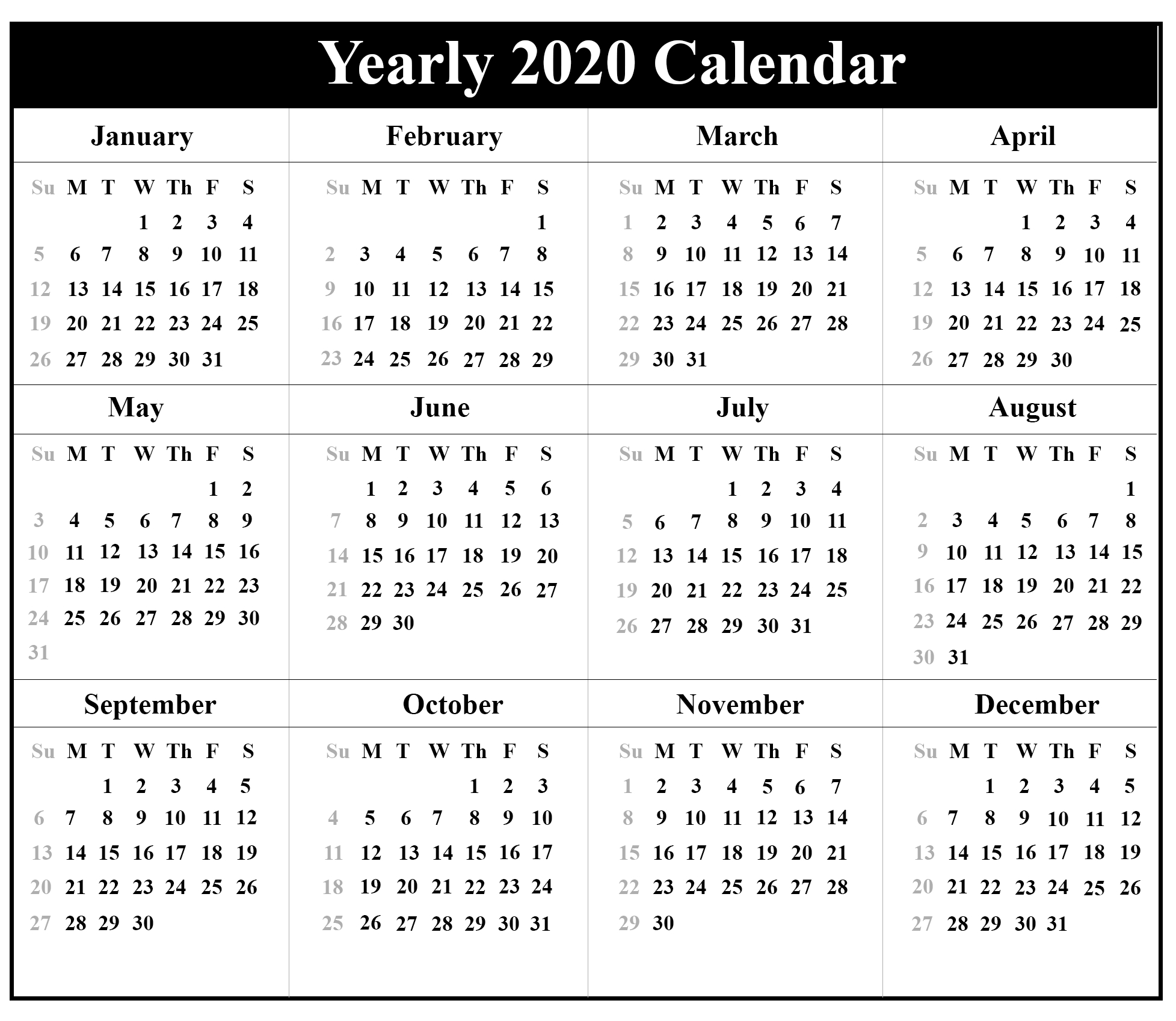 Blank Calendar 2020 Monthly Printable | 12 Month Printable