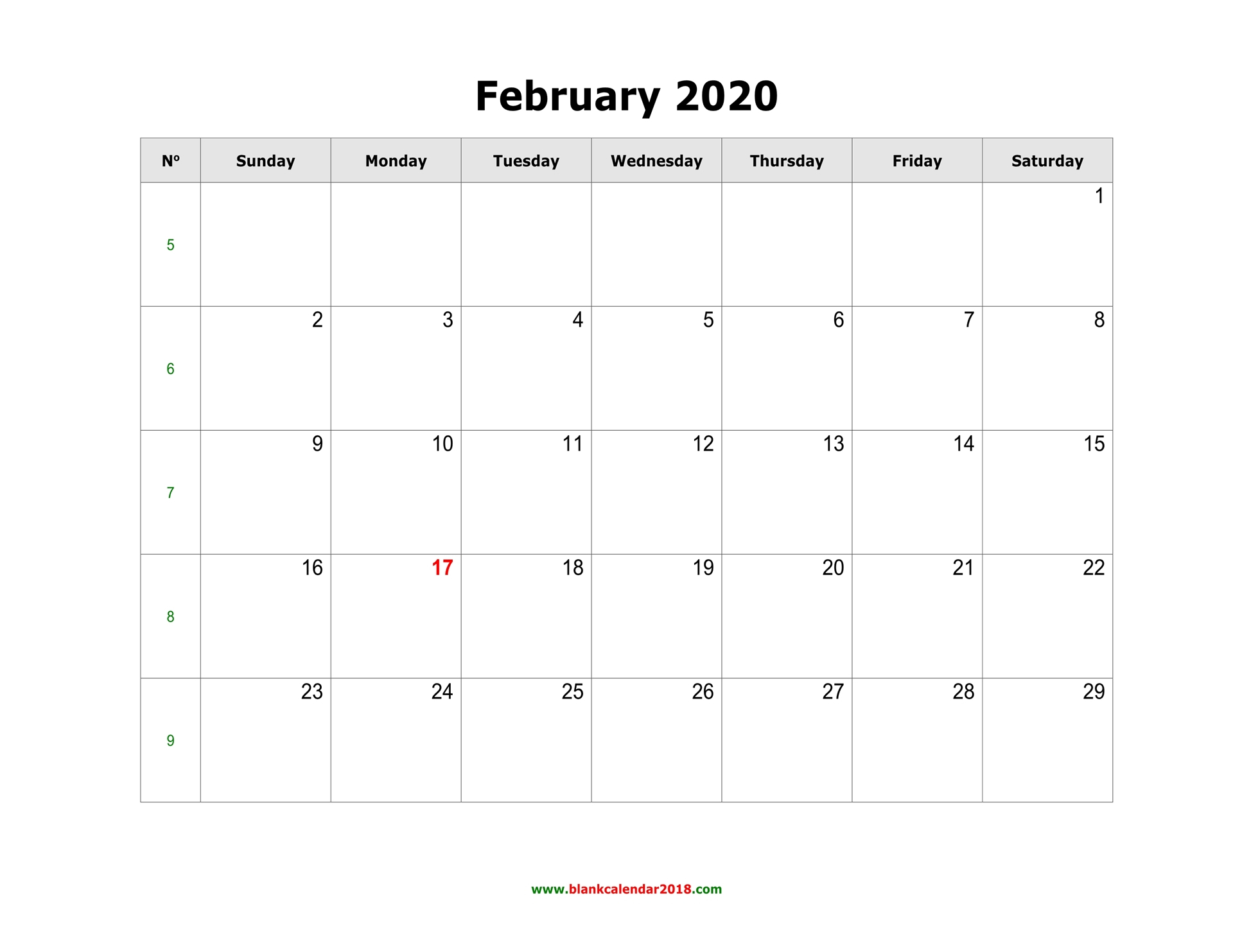 Blank Calendar For February 2020