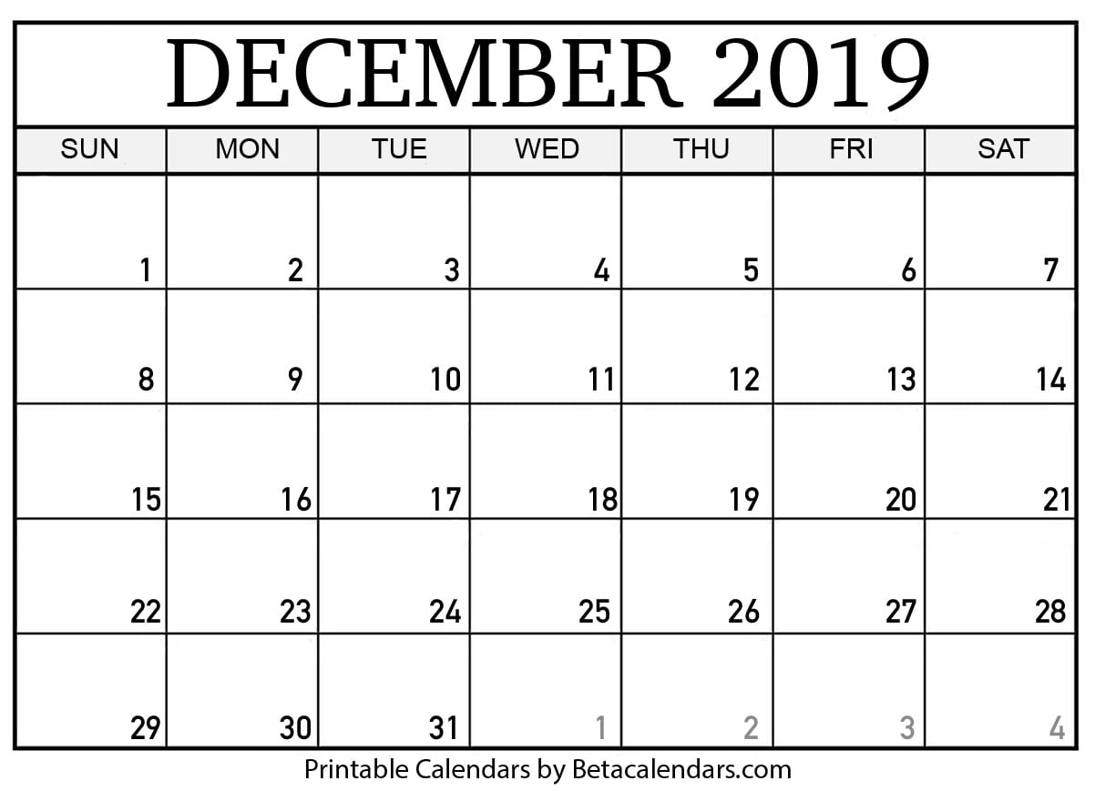 Blank December 2019 Calendar Printable - Beta Calendars