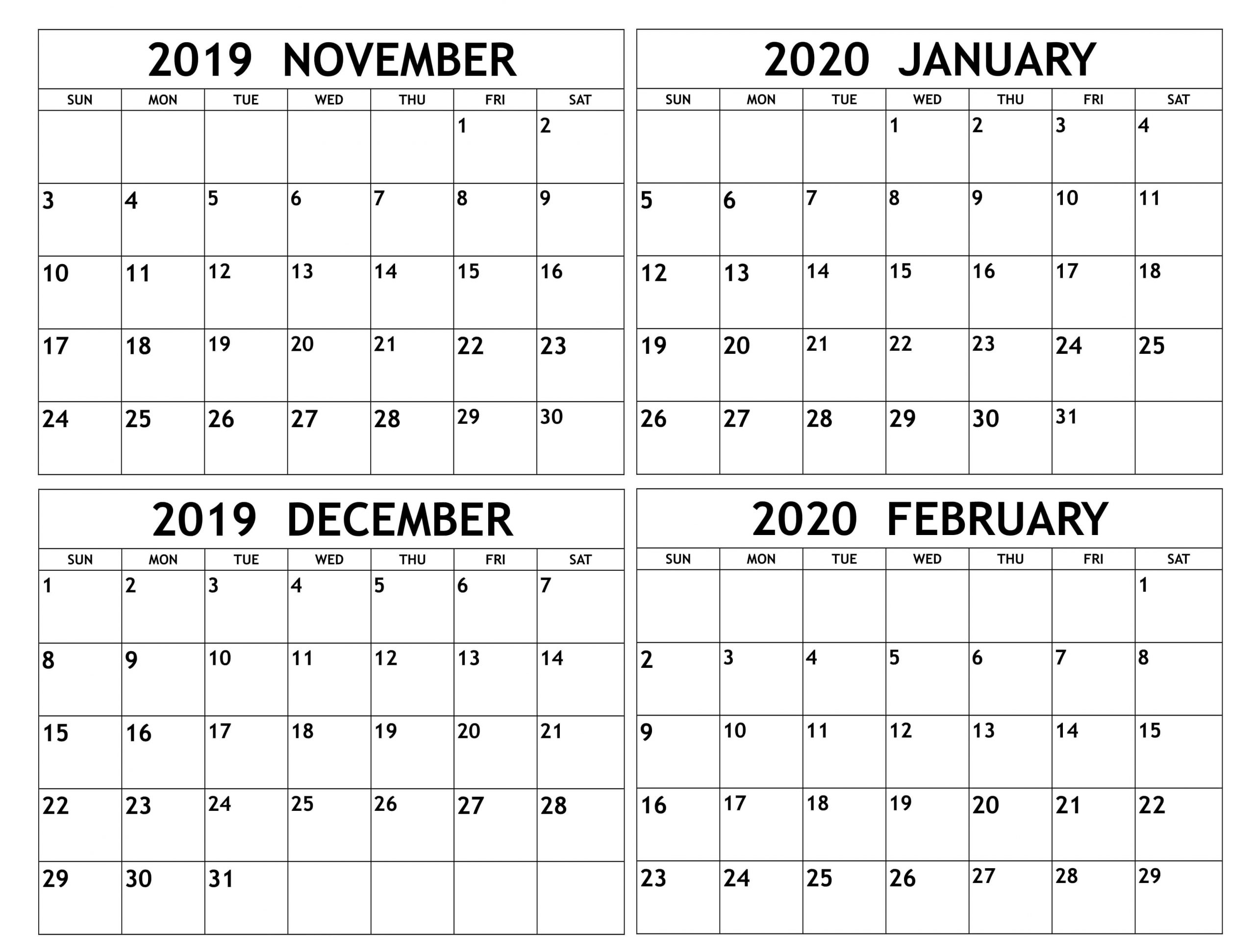 Blank November 2019 To February 2020 Calendar - 2019