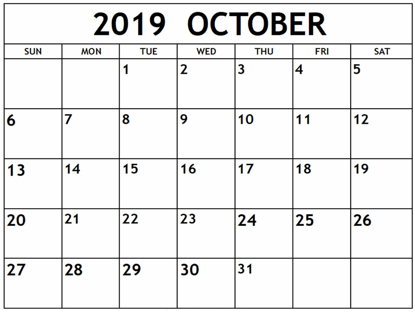 Blank October 2019 Calendar Printable Template - Latest