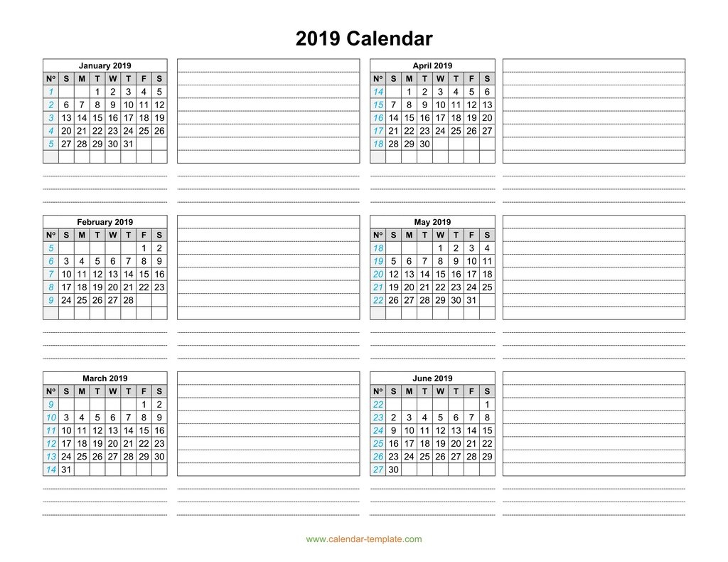 Calendar 2019 Template Six Months Per Page