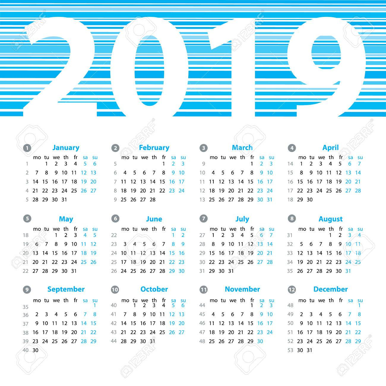Calendar 2019 Year Vector Design Template With Week Numbers And..