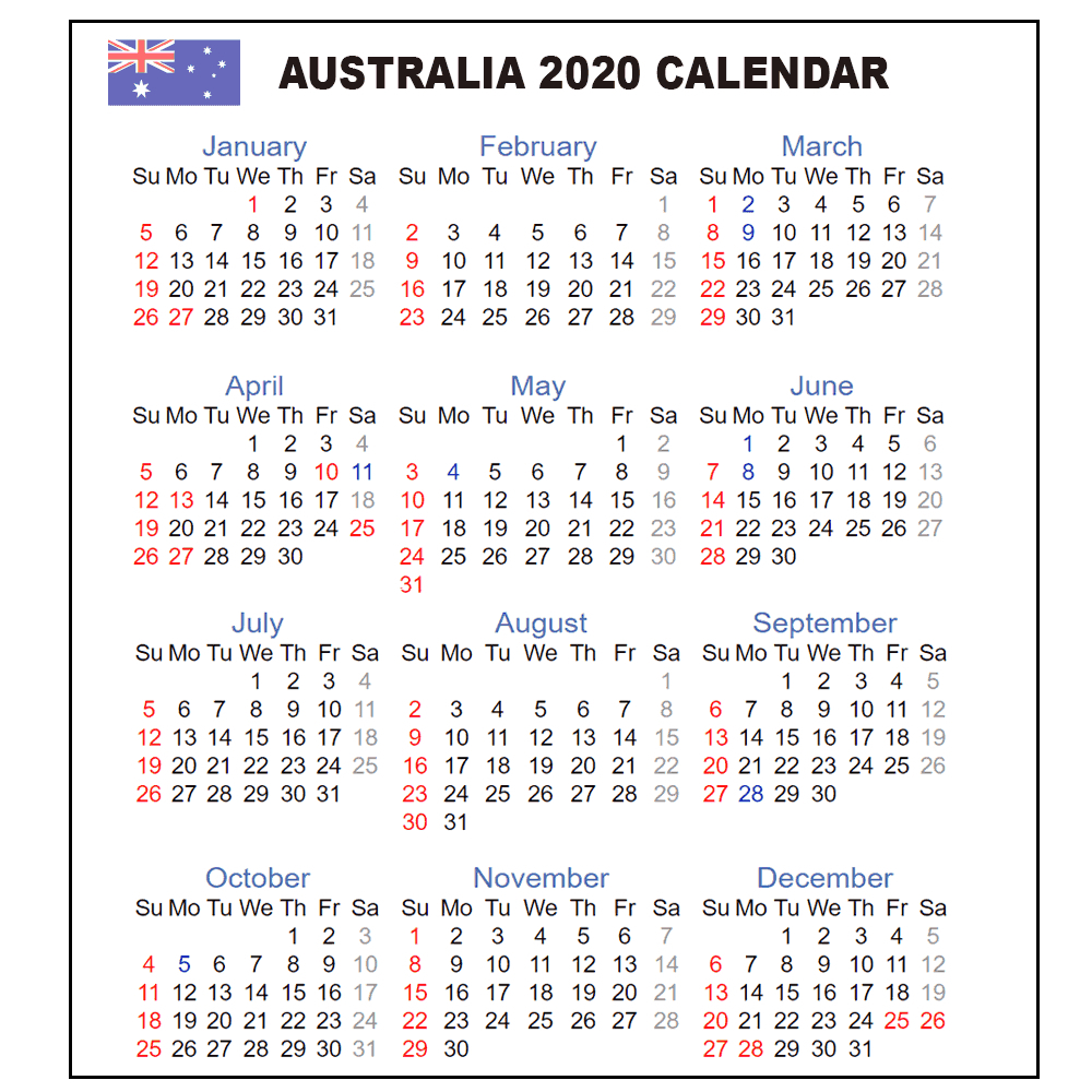Calendar 2020 Australia | Australia 2020 Yearly Printable