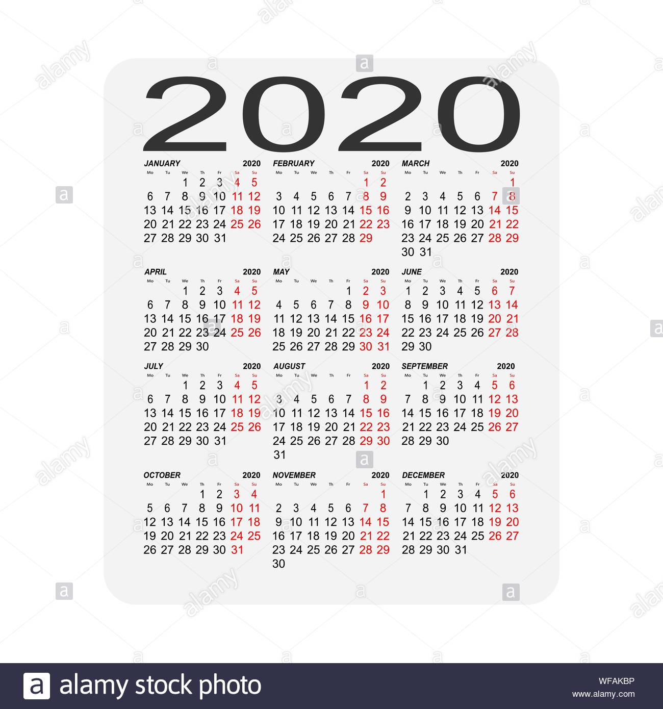 Calendar 2020. Calendar Sheet. Two Days Off A Week Stock