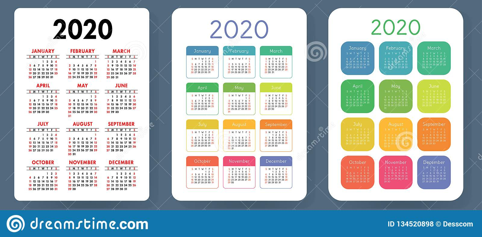 Calendar 2020. Colorful Vector Set. Pocket Calender