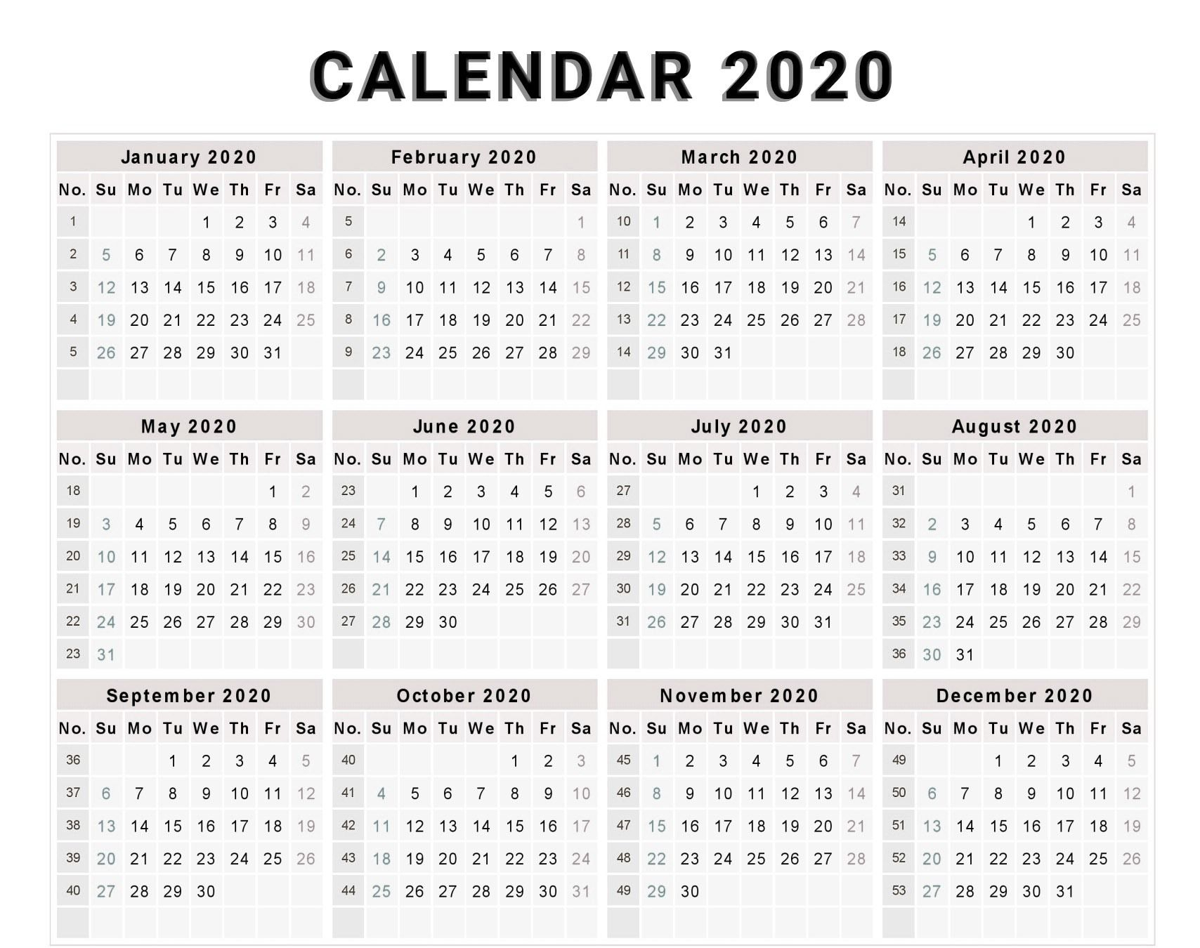 Calendar 2020 Free Template With Weeks | Monthly Calendar