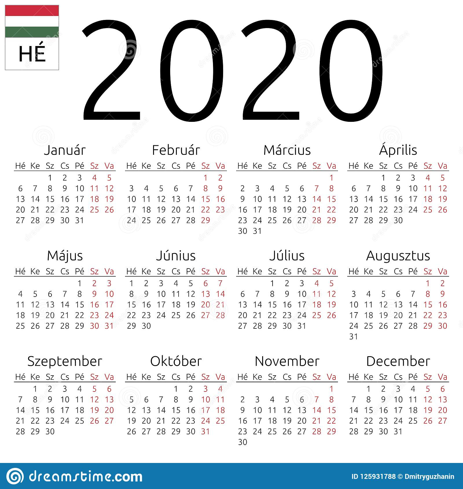 Calendar 2020, Hungarian, Monday Stock Vector - Illustration