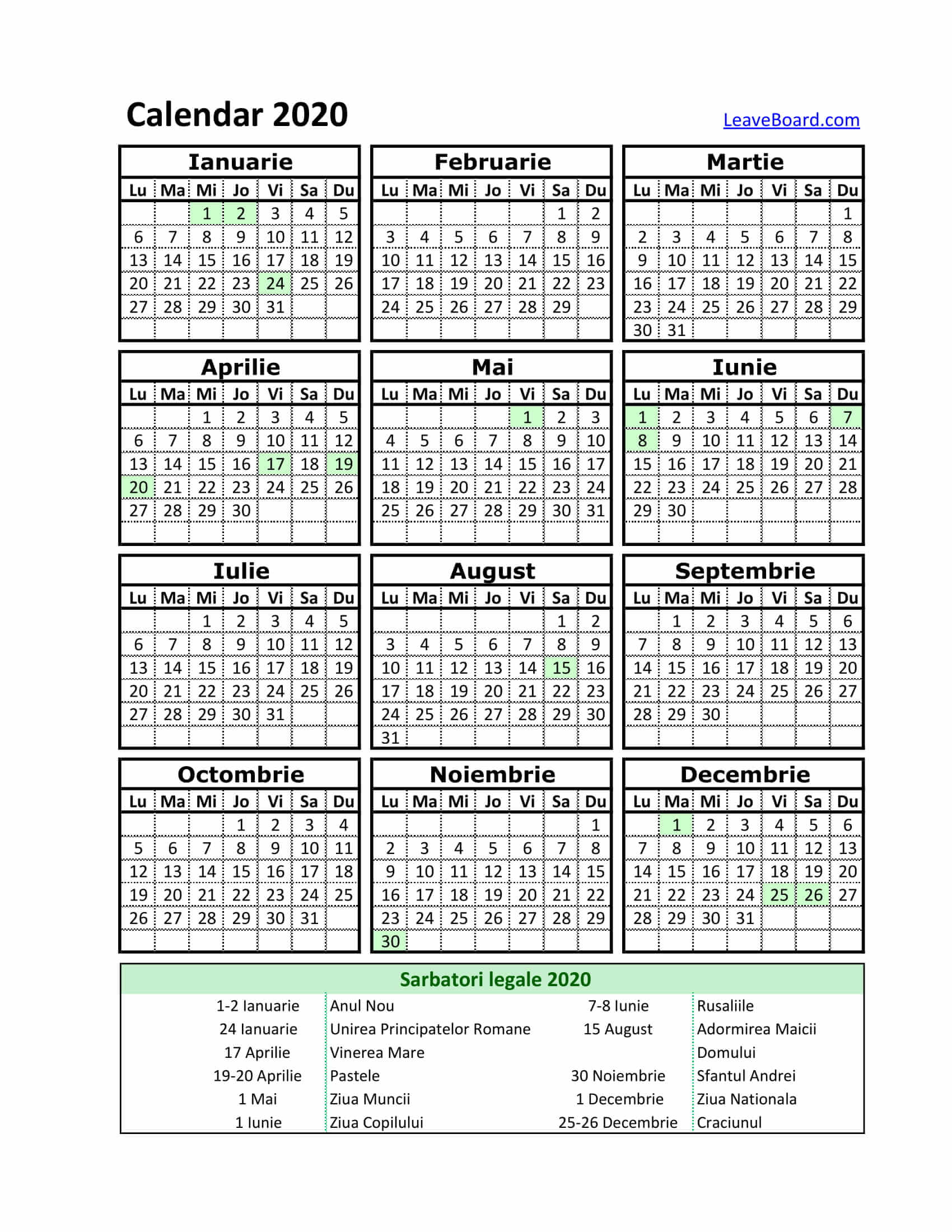 Calendar 2020 | Leaveboard