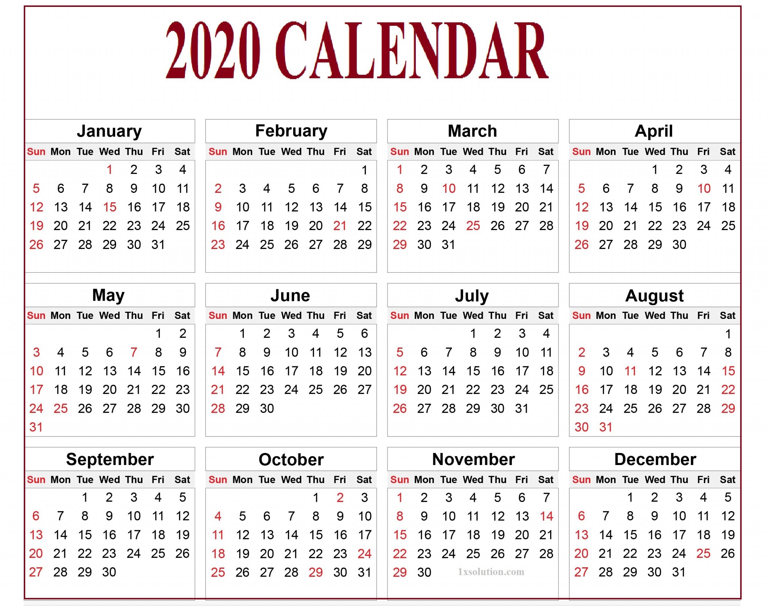 Calendar 2020 Pdf For Mark Your Daily Class |