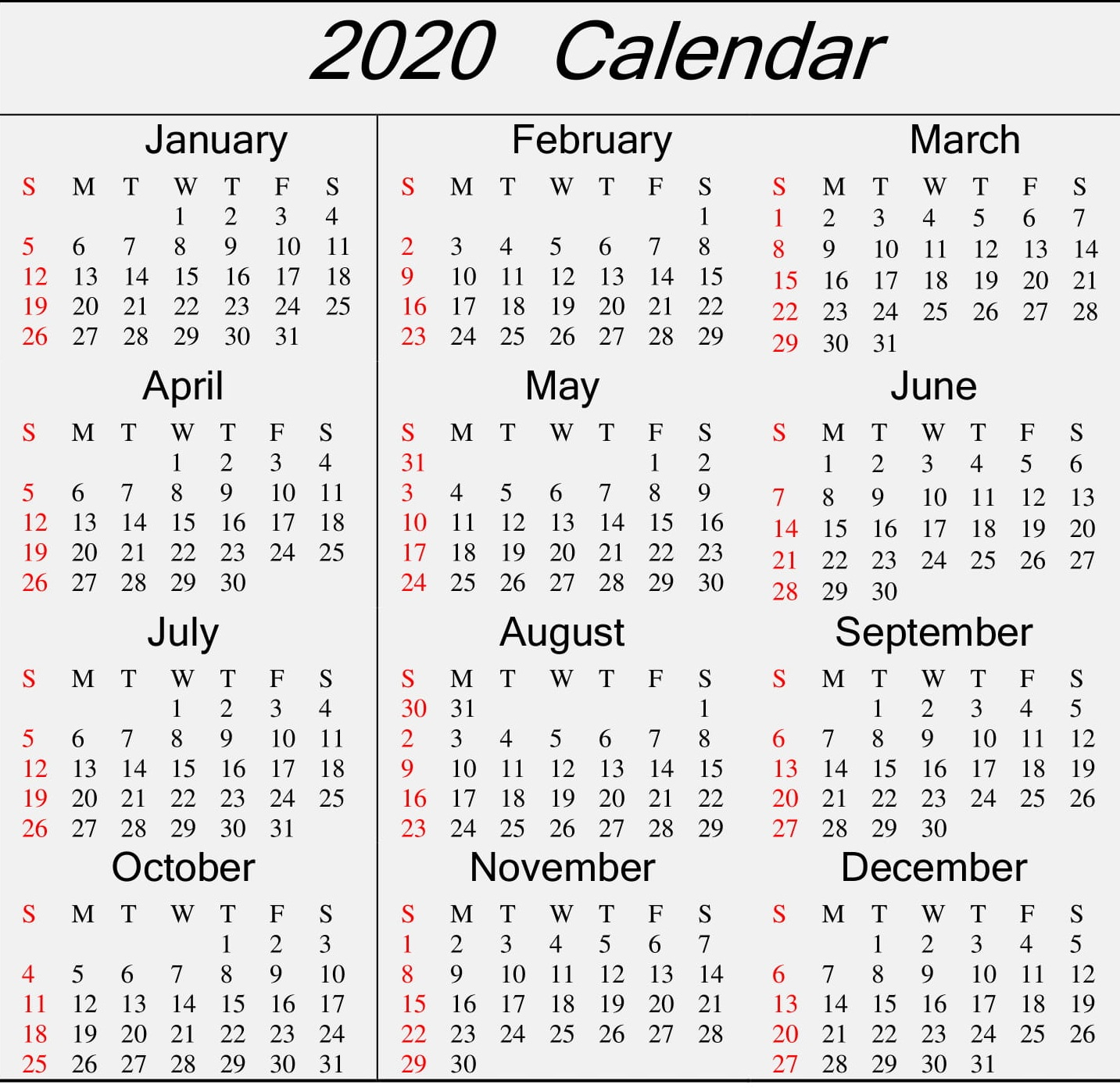 Calendar 2020 Template In Word, Excel And Pdf - Latest