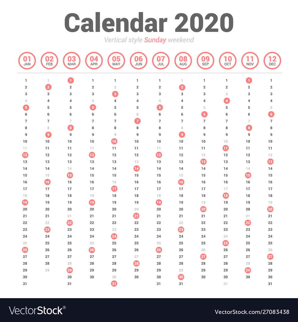 Calendar 2020 Vertical Style Sunday Weekend