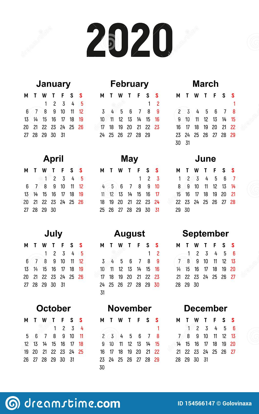 Calendar 2020, Week Starts On Monday Stock Vector