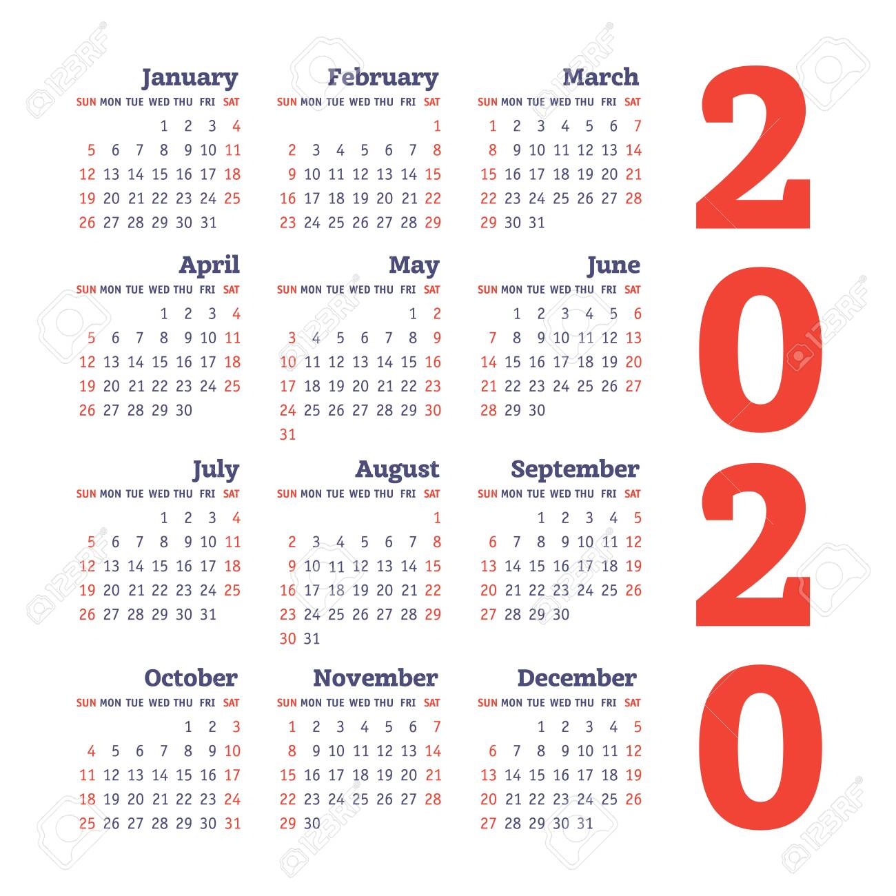 Calendar 2020 Year. Vector Design Template. Color English Square..