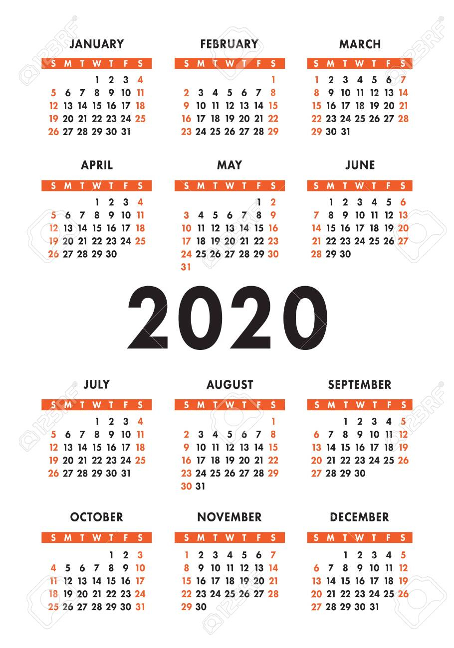 Calendar 2020 Year. Vector Design Template. English Vertical..
