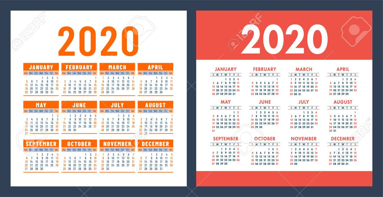 Calendar 2020 Year. Vector Design Template Set. Pocket Calender