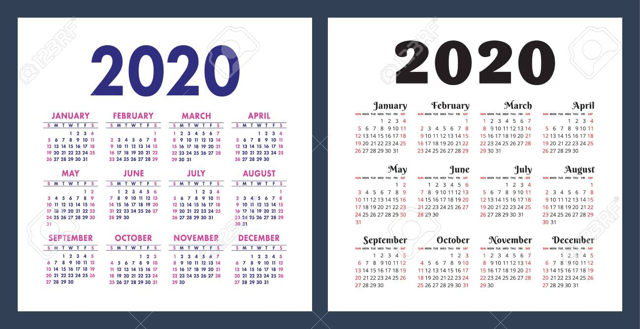 Calendar 2020 Year. Vector Design Template Set. Pocket Calender