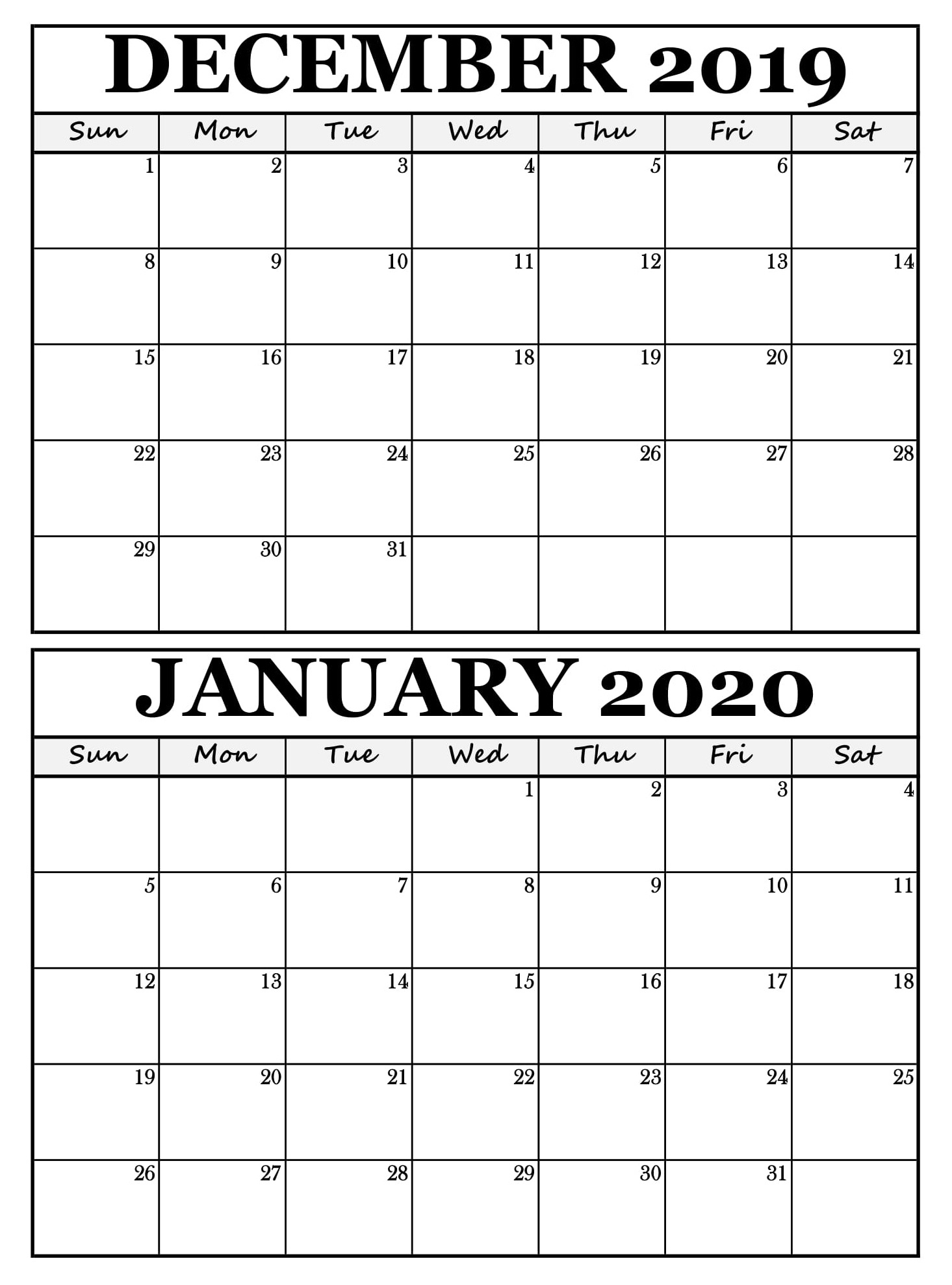 Calendar December 2019 January 2020 Template - 2019