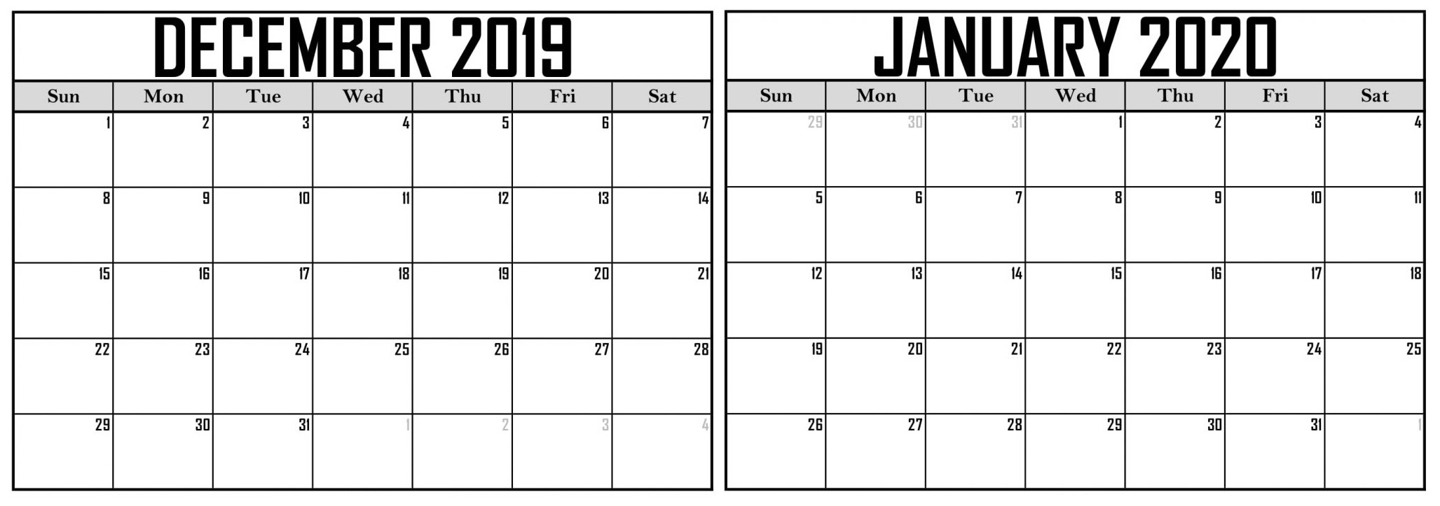 Calendar December 2019 January 2020 Template - 2019