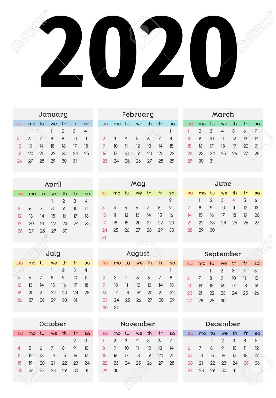 Calendar For 2020 Isolated On A White Background. Sunday To Monday,..