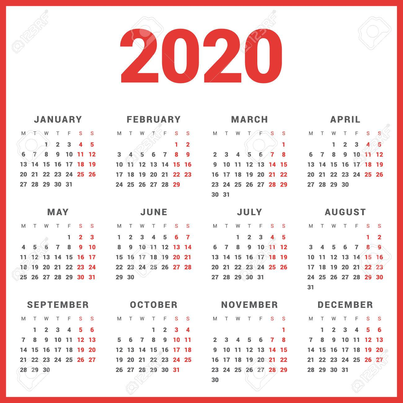 Calendar For 2020 Year On White Background. Week Starts Monday