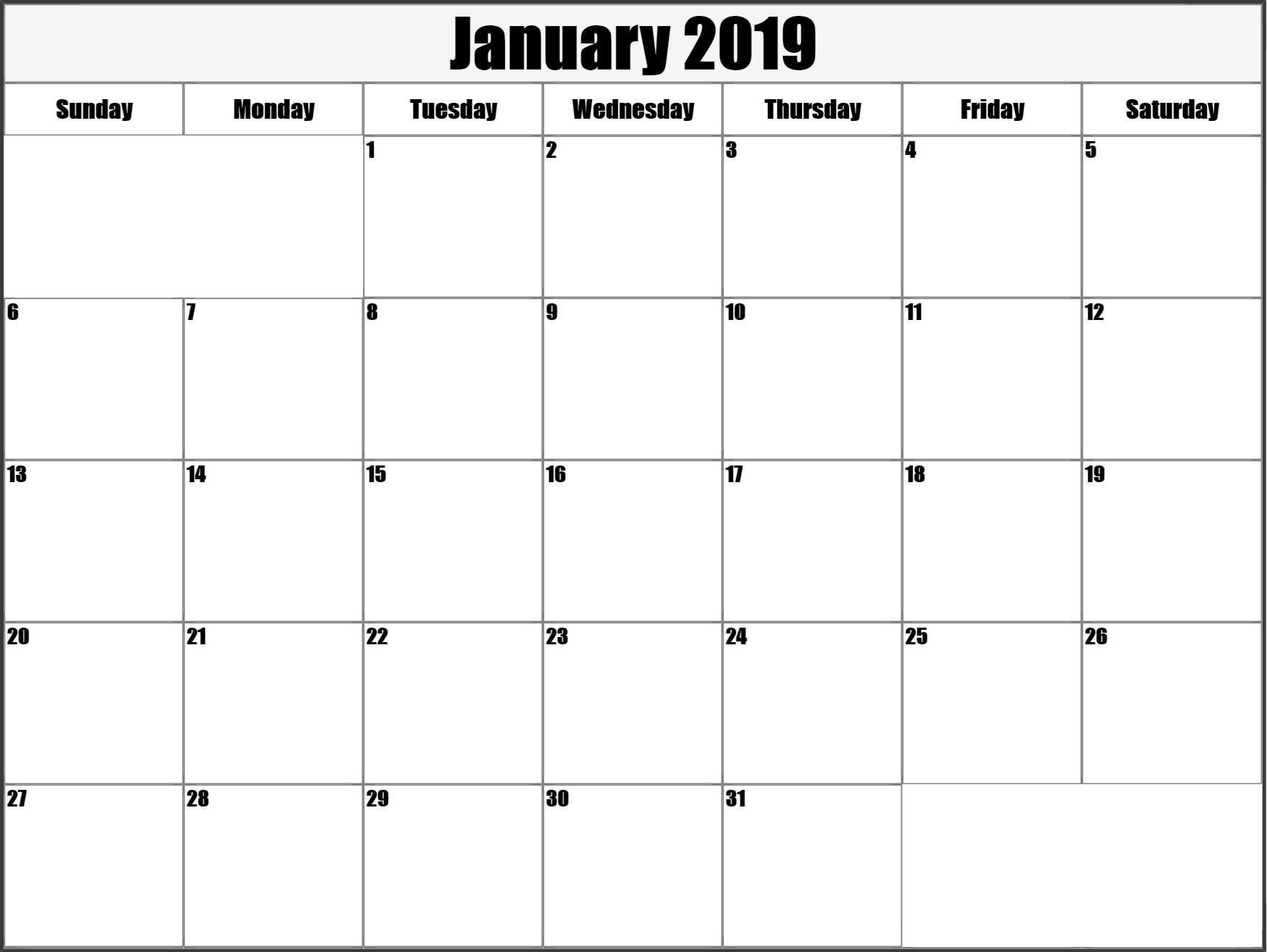 Calendar January 2019 Printable Large | Calendar 2019