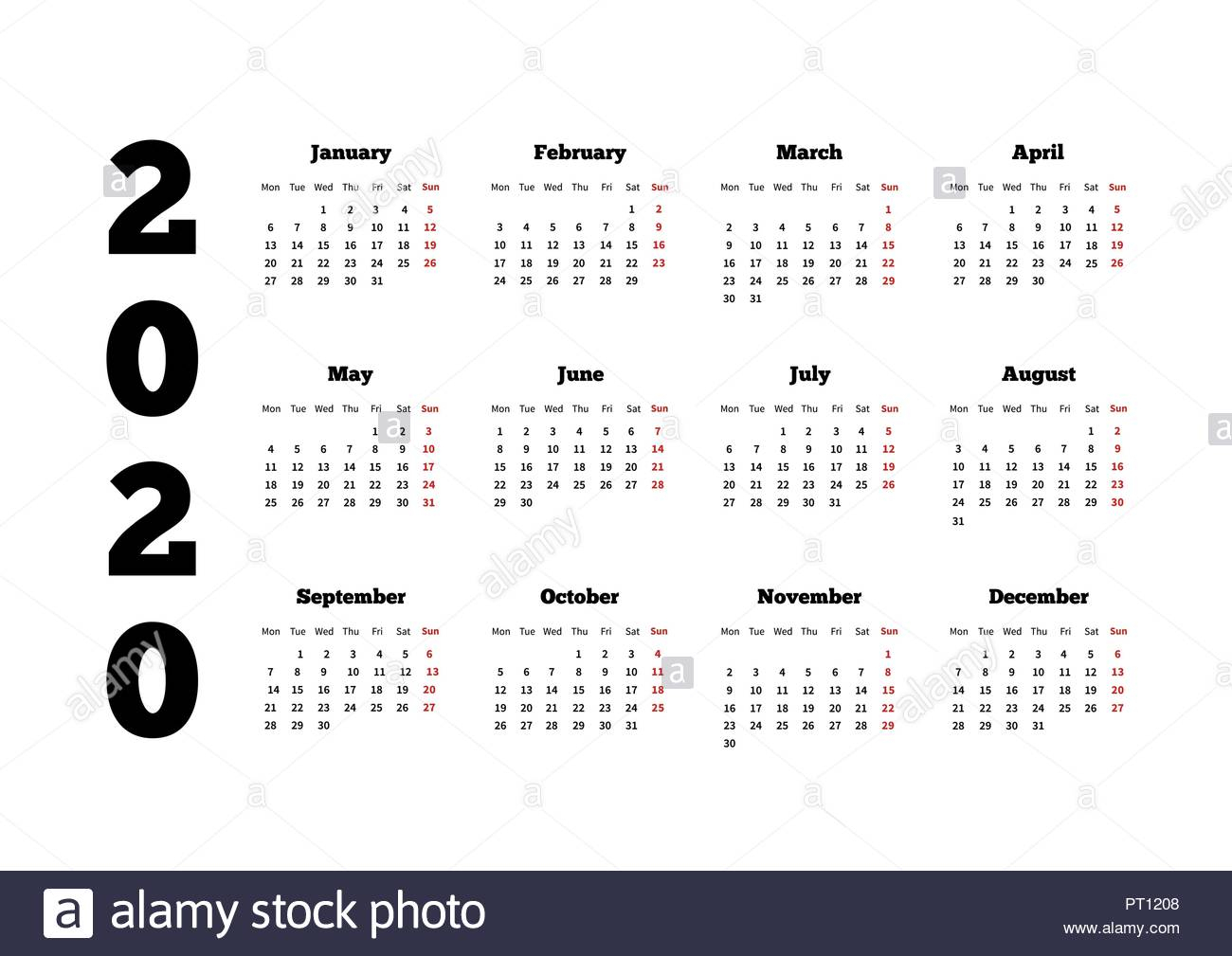Calendar On 2020 Year With Week Starting From Monday, A4