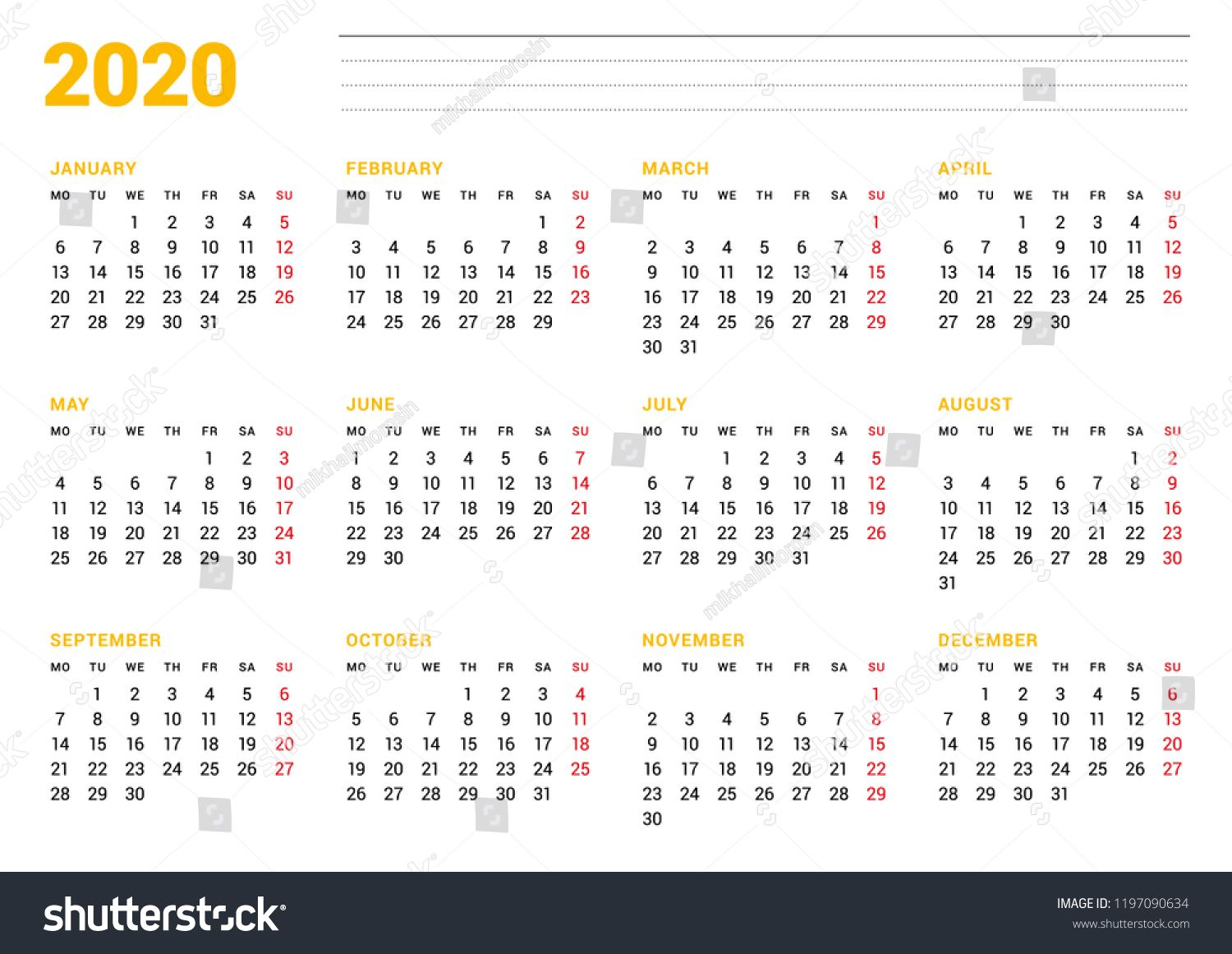 Calendar Template For 2020 Year. Stationery Design. Week
