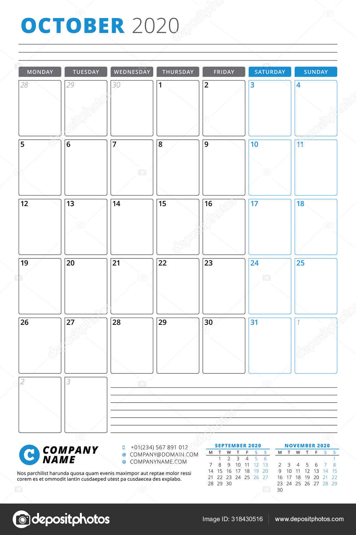 Calendar Template For October 2020. Business Planner